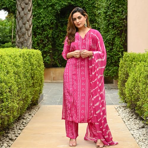 Image of ANNI Designer Women's Rayon Blend Straight Bandhej Printed Kurta with Pant & Dupatta