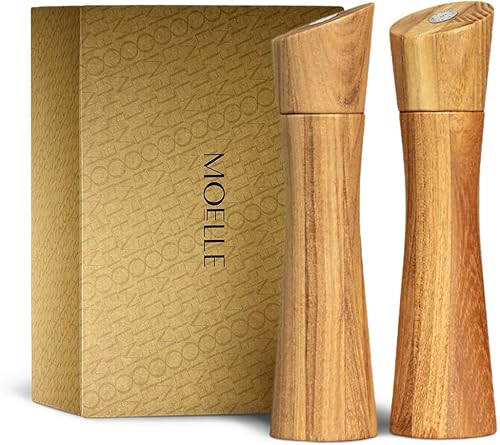 MOELLE Molinillo de sal y pimienta de alta calidad, manual y hermoso diseño danés de madera de teca, coctelera recargable, de alta gama, ajustable,