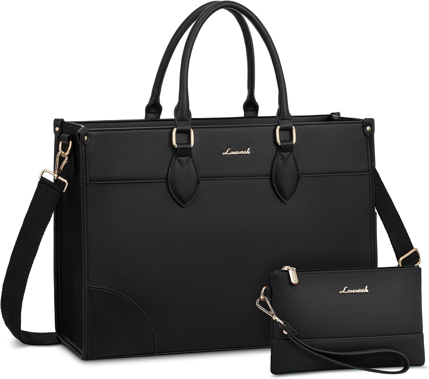 LOVEVOOK Laptop Bag for Women 17 lnch,Waterproof Laptops Tote Bags for Womens,Professional Work Bags for Women with Cup Holder,Large Laptop Purse Computer Briefcase Office Teacher Clutch Bag,2 PCS 17 Inch Black(leather)