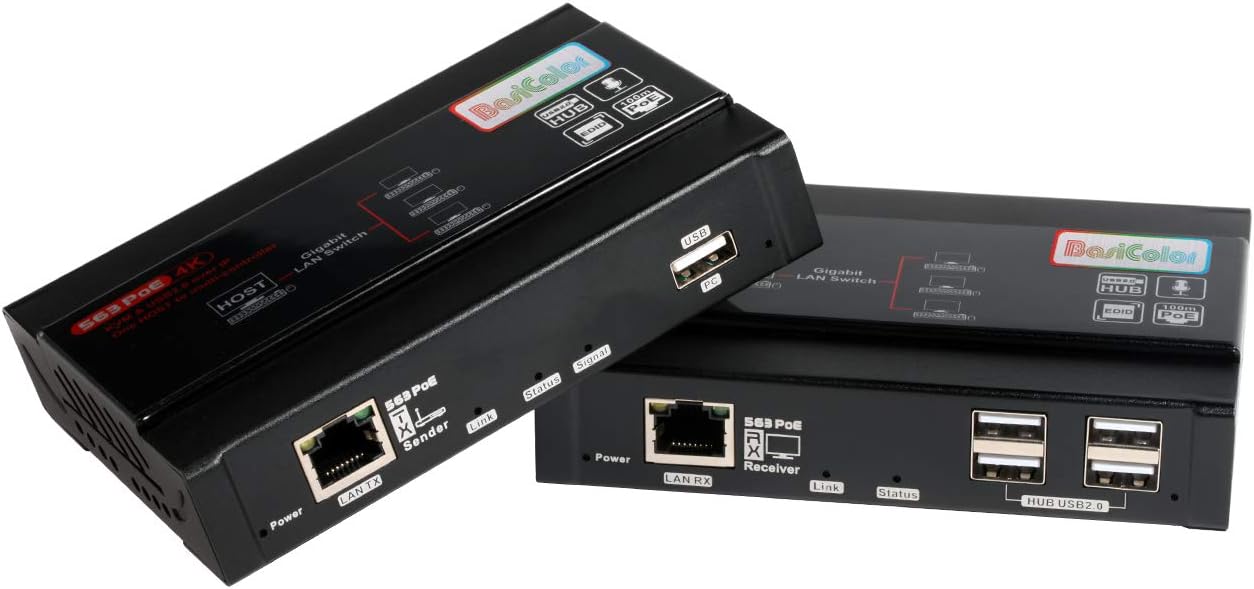 Basicolor 4K HDMI KVM USB Extender, KVM Extender Over IP Over Ethernet CAT5e/ CAT6, One to Many POE-328ft(100m), Receiver with USB 2.0 port4 Supper HD Lossless Ultralow Latency Audio/Video Extender
