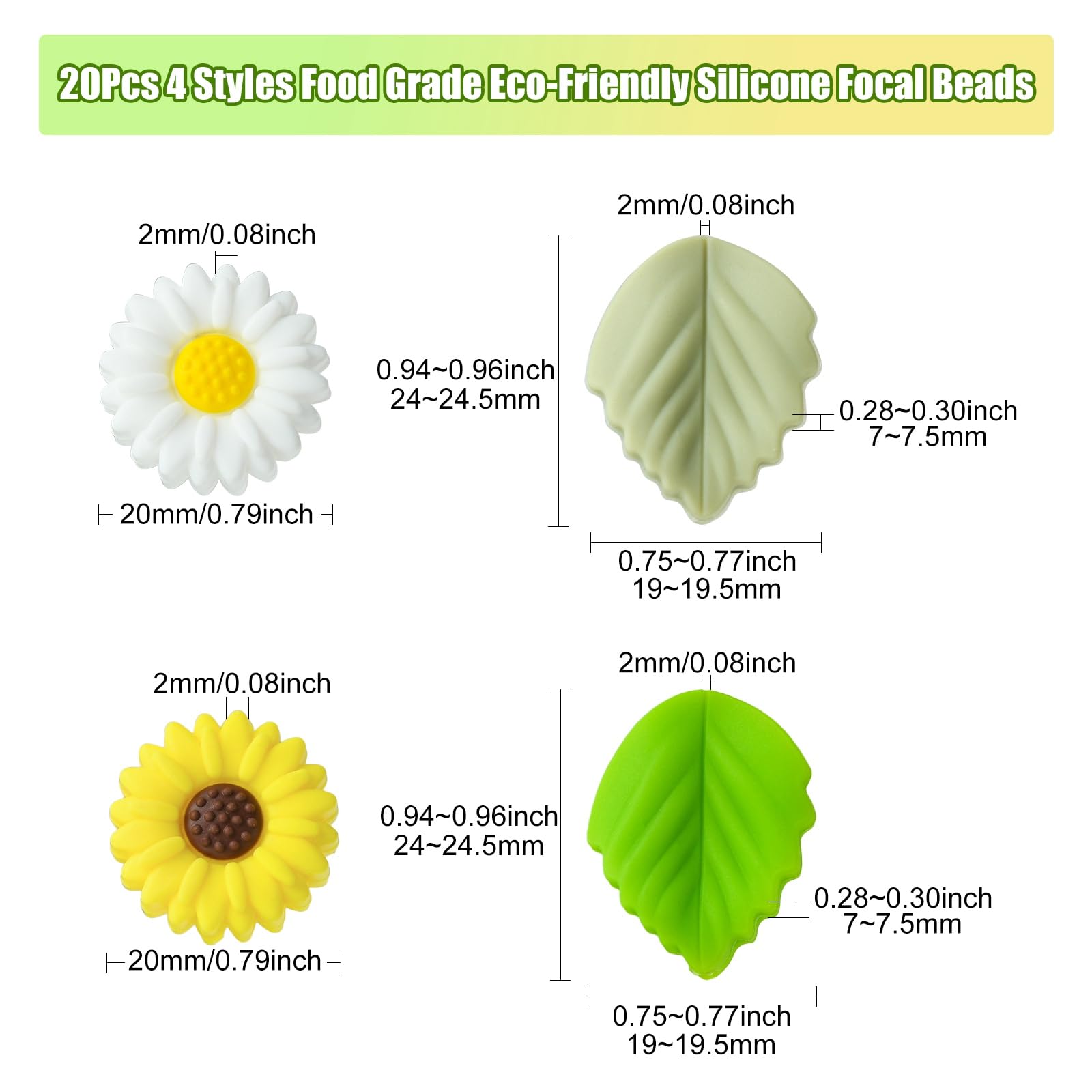 UR URLIFEHALL 20 Pcs 4 Styles Daisy Silicone Focal Beads Flower Green Leaf Beads for Jewellery Keychains Home Crafts Decor - Image 2