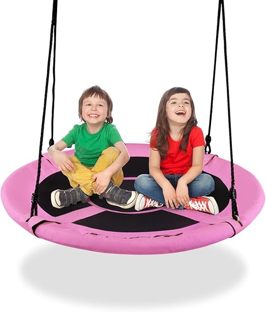 HONEY JOY 40 Inch Saucer Tree Swing, Indoor Outdoor Kids Swing Set w/Height Adjustable Hanging Straps, Wear-Resistant & Water Proof Large Round Flying Saucer for Playground Backyard Playroom (Pink)