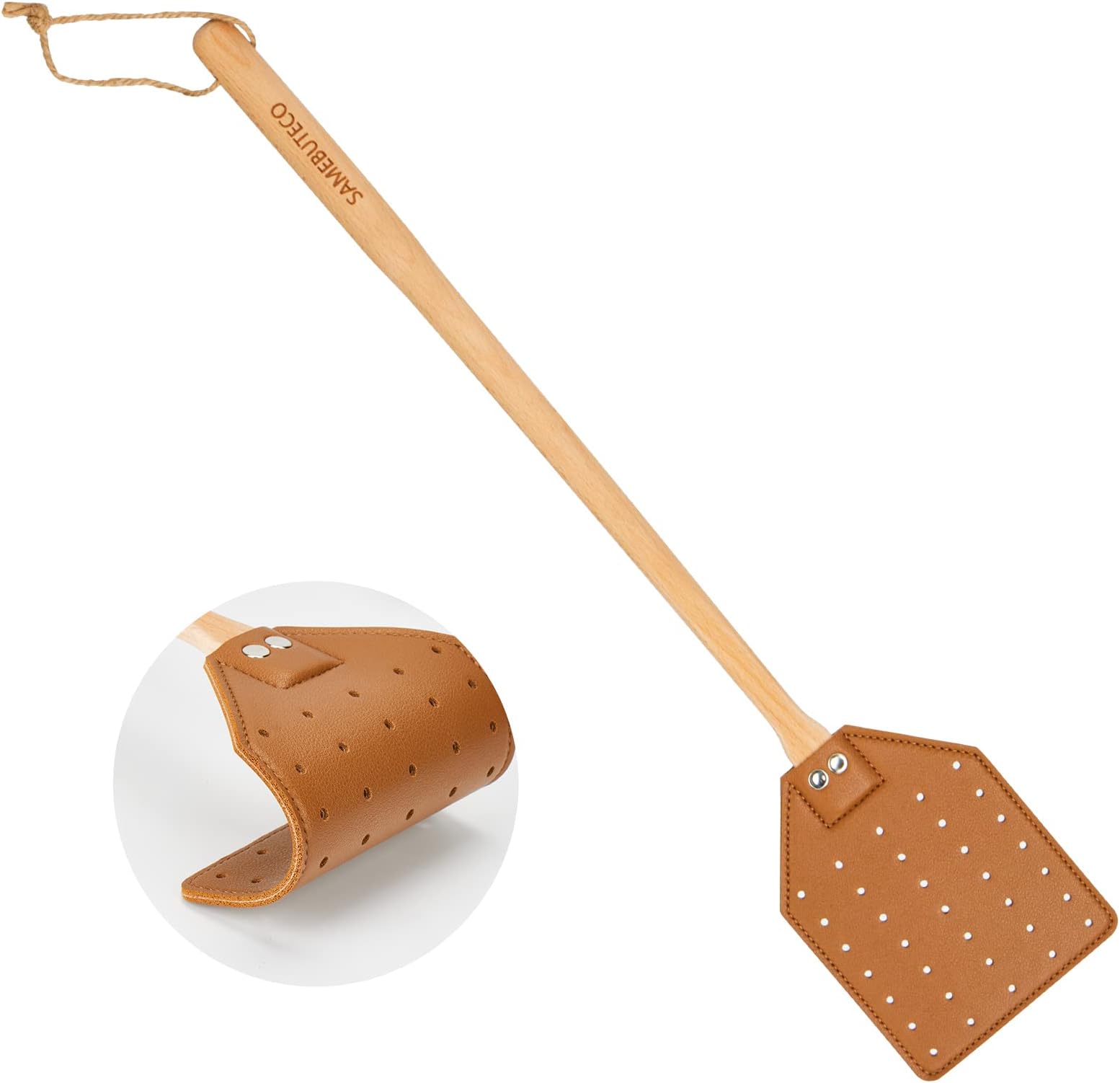 Heavy Duty Leather Fly Swatter Brown Leather with Beech Wood Long Handle for Indoor and Outdoor 19.7โโ