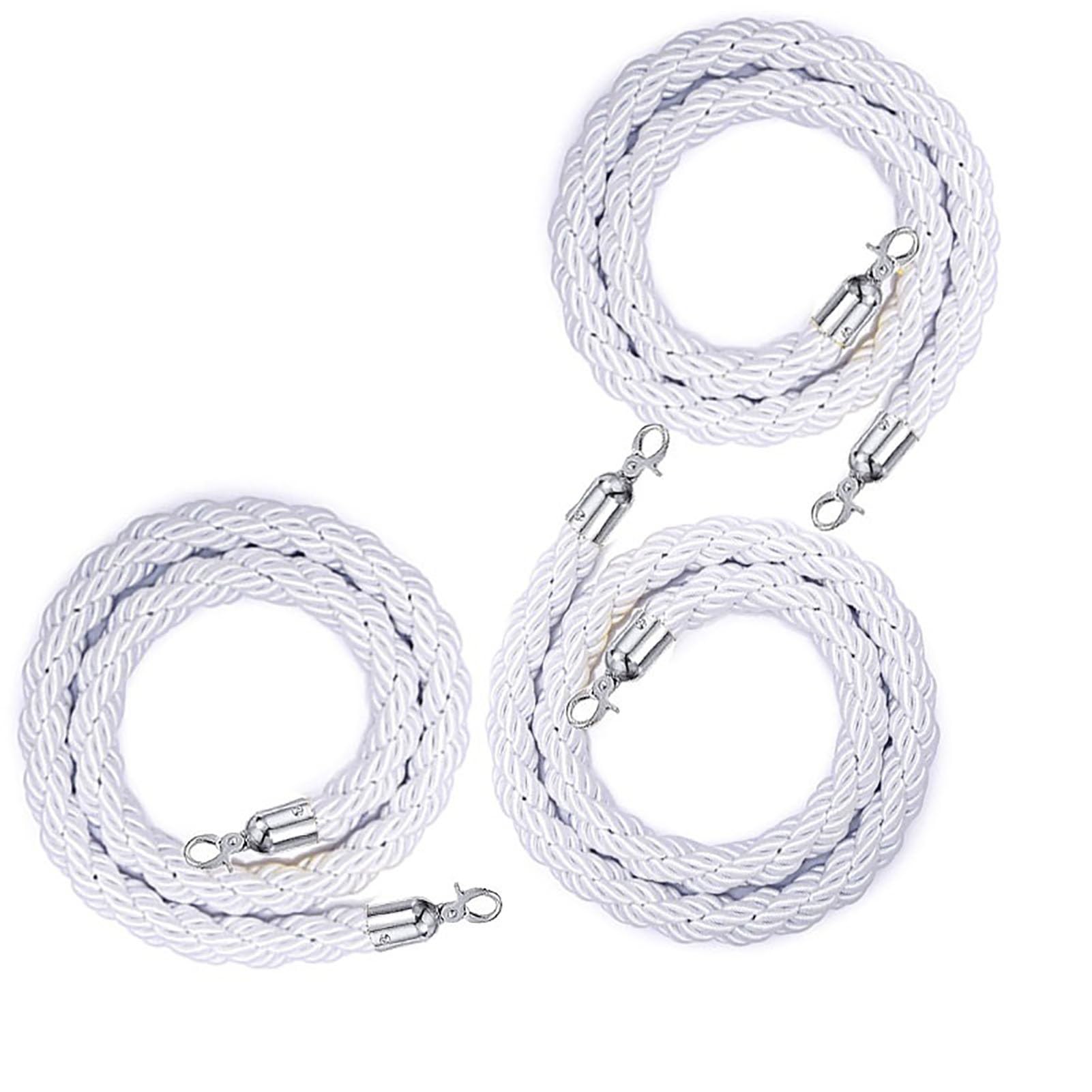 3 postes de cuerda trenzada blanca con mosquetones (0,6-3,05 m) for control de multitudes en eventos y recintos.(Silver Hook,210cm)