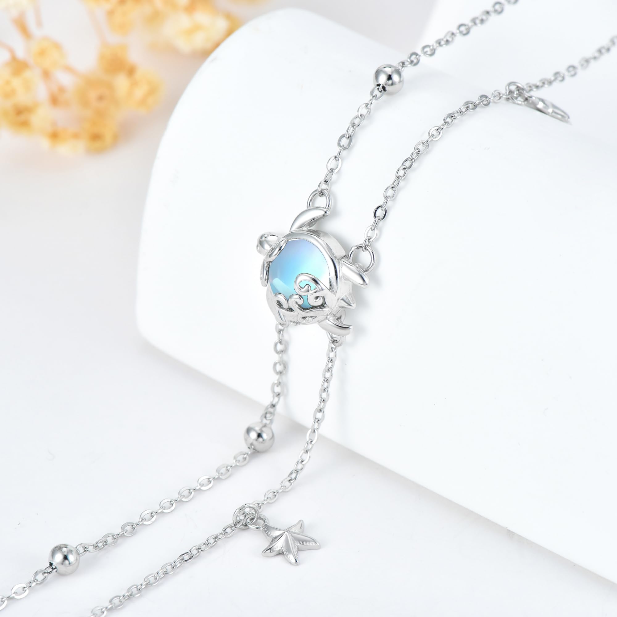 Pulsera de tortuga de plata de ley 925, pulsera de tortuga marina, piedra lunar, joyería para mujer, regalos oceánicos