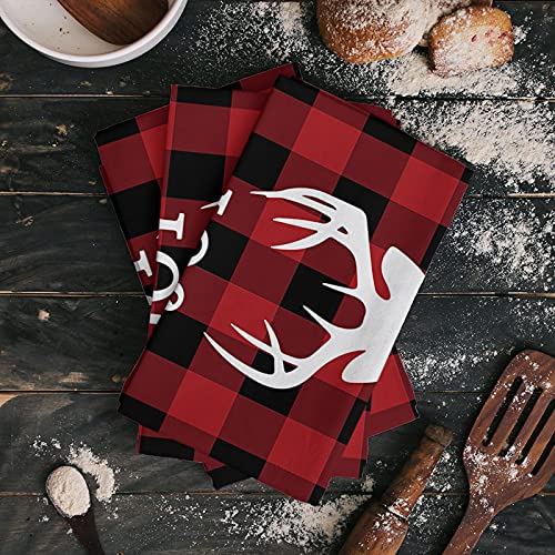 Kitchen Towels Or Dish Towels, Merry Christmas Joy Elk Deer Reindeer Red Buffalo Plaid Checkered Kitchen Hand Towels For Mom Or Tea Towels, Set Of 1 Cotton Dishtowels And Dishcloth For Bathroom Decor #TOP1