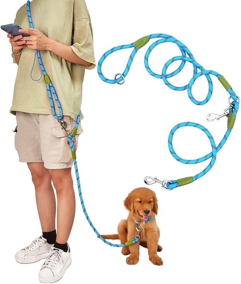pawstrip Hands Free Dog Leash Waist & Crossbody Rope with Slip Lead Durable for 2 Dogs Nylon Reflective Heavy Duty Hiking Running Leash for Large Dogs (Blue)