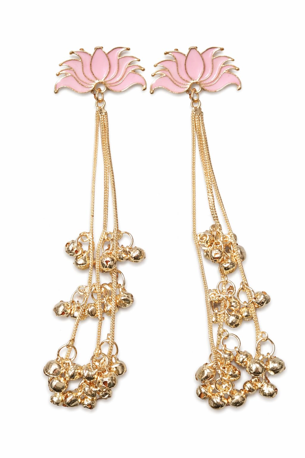 Khannak Jewellery Pink Lotus motif and Ghungroo Studded Fusion Kashmiri Earrings for Women for Wedding,Festivals,Occassions and Parties|Kashmiri Long Gold plated Ghungroo Dehjoor Earrings for Women and Girls
