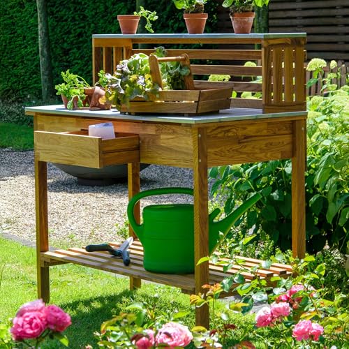 dobar® 29140FSCe XXL Premium Pflanztisch aus robustem Eichenholz | Gärtnertisch mit verzinkter Arbeitsfläche und Ablage | Wetterfester Outdoor Umtopftisch | 117 x 62 x 124 cm | Natur