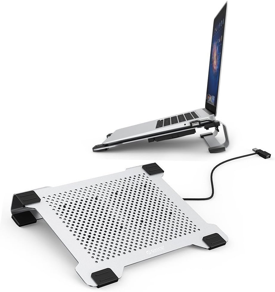 Aluminium Cooling Pad up to 15" Laptop Cooler Stand with 2 USB Powered Fans, Ergonomic Comfort Notebook Cooler with One USB Port, by ORICO