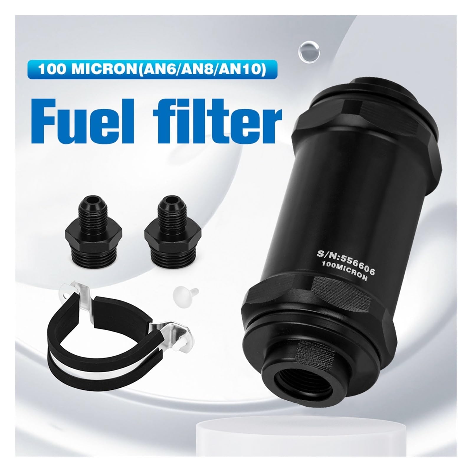 Filtro Carburante in Linea AN6 / AN8 / AN10 Nero Etanolo E85 con Elemento in Acciaio Inossidabile da 100 Micron e Adesivo (Color : Black AN10 Fitting)