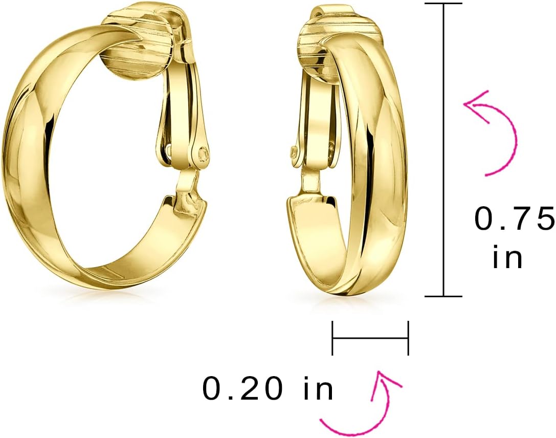 Classic Basic Simple Polished Lightweight Clip On Hoop Earrings For Women Non Pierced Ears 14K Yellow Gold Plated .925 Sterling Silver .75 Diameter
