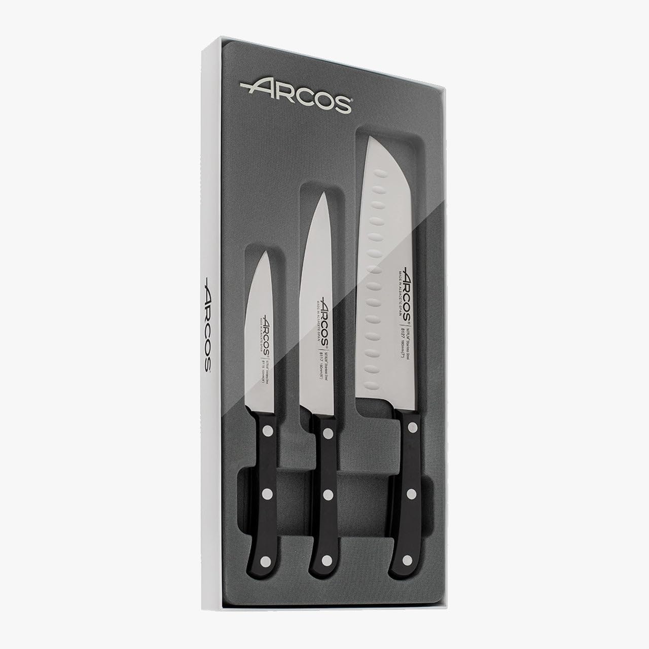 Arcos Serie Europa - Set de Cuchillos de Cocina 3 piezas (Mondador + Cocina + Santoku) - Hoja de Acero Inoxidable NITRUM - Mango de Polioximetileno (POM) - Color Negro