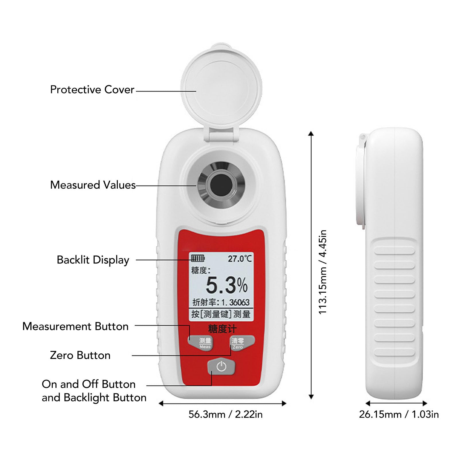 TOPINCN Medidor de Azúcar de Frutas, Refractómetro Digital Portátil de Alta Precisión Brix con Medición de un Botón para Análisis de Dulzor de Jugos de Frutas y Vinos (DLX‑SDJ1514（0‑55%）1.333‑1.430)