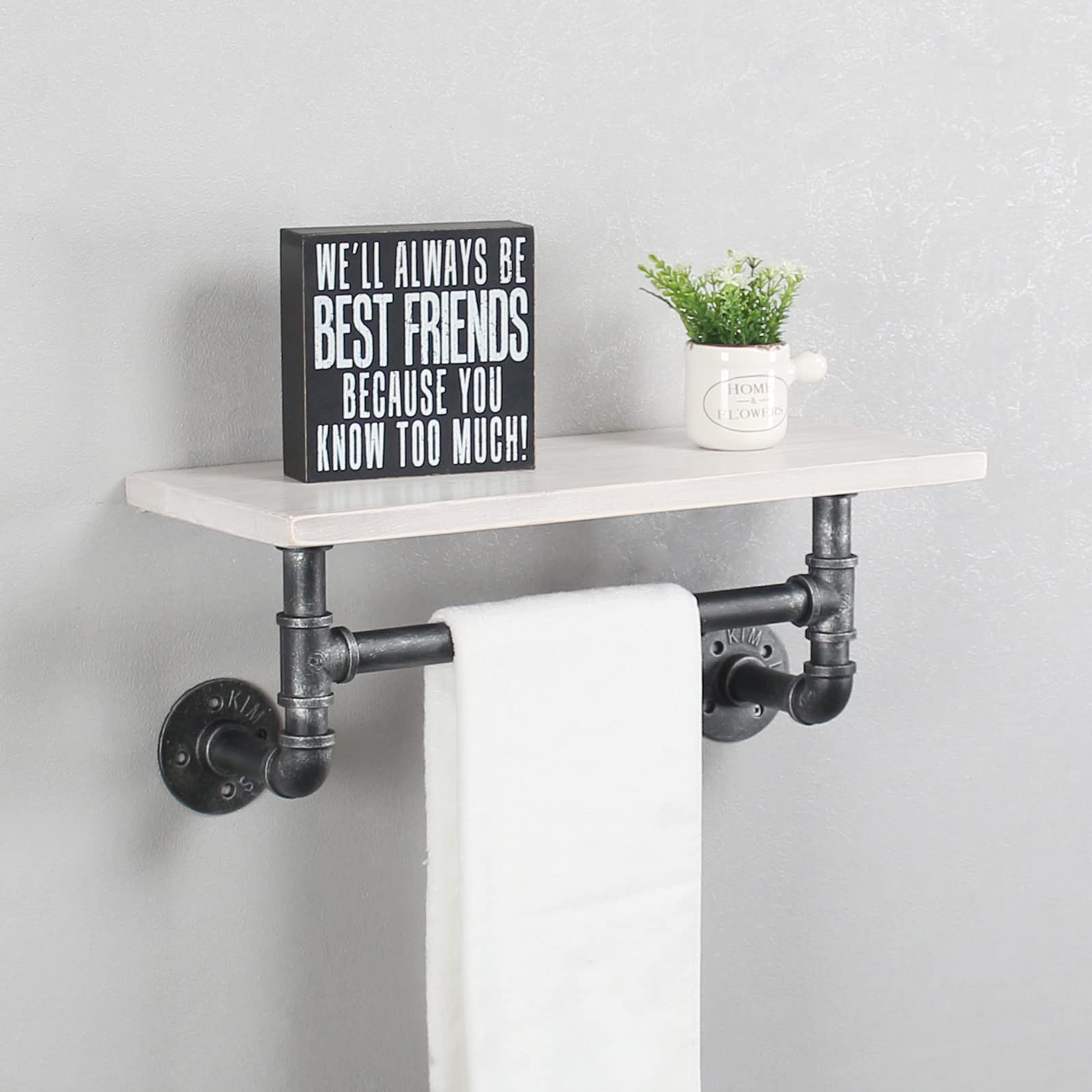 Industrial Pipe Shelf Bathroom Shelves Wall Mounted,19.6in Rustic Wood Shelf with Towel Bar,1 Tier Farmhouse Towel Rack Over Toilet,Pipe Shelving