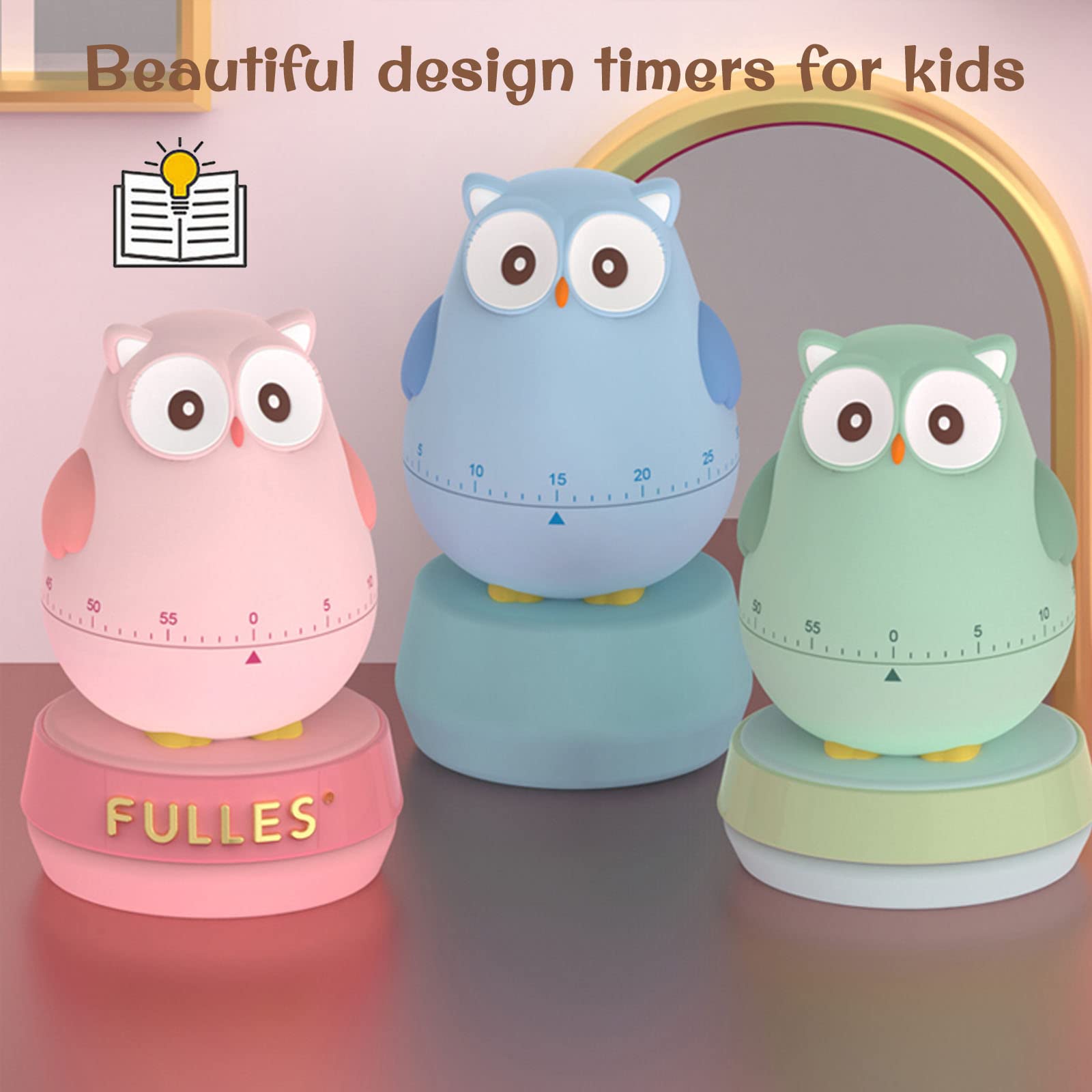 Cartoon Timer Kids Cute Kitchen Timer 60-Minute Timer Animal Reminder No Batteries for Study Work Exercise Home Desktop Decor (Owl-Pink)