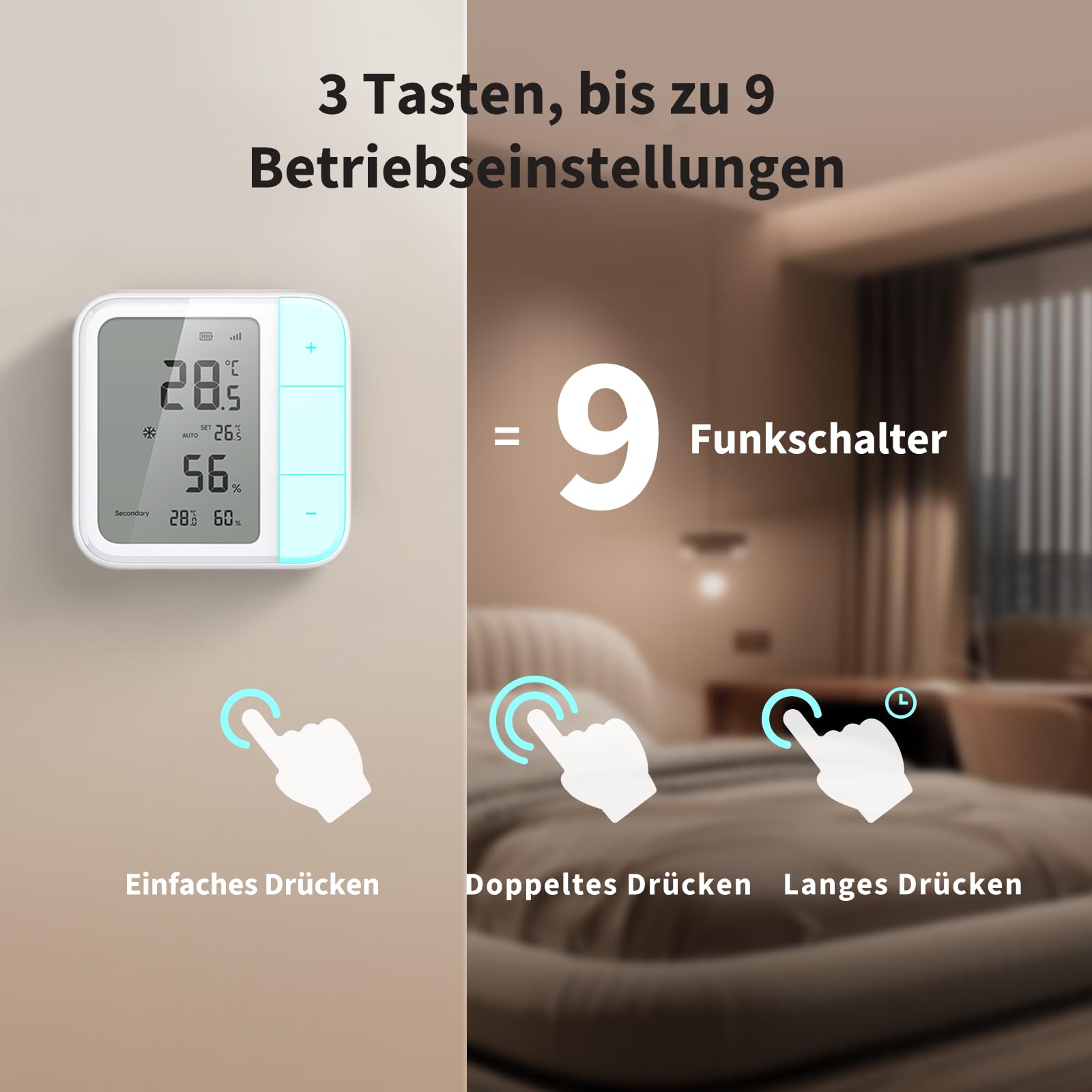 Aqara Raumthermostat W100, Temperatur & Luftfeuchtigkeit Überwachung, Wireless, Fernsteuerung HVAC, 3 Anpassbare Tasten, Matter,Thread/Zigbee, HomeKit, Funktioniert mit Apple Home, Alexa, Google