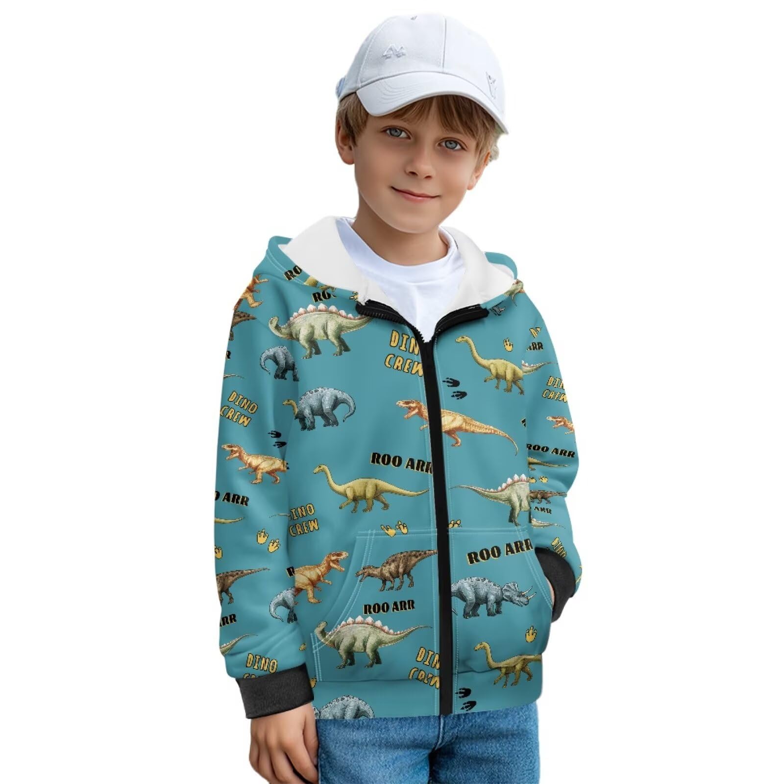 Xoenoiee Dziecięce bluzy z kapturem dla chłopców, zapinana na zamek, bluza 3D, fajna grafika zwierzęca, sweter z długim rękawem, top na jesień i zimę, Niebiesko-zielony dinozaur, 12-14 Years