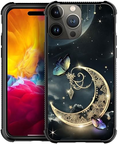 DAIZAG Funda compatible con iPhone 15 Pro, funda de poliuretano termoplástico (TPU) de fantasía retro dorada con luna estrellada y mariposa para