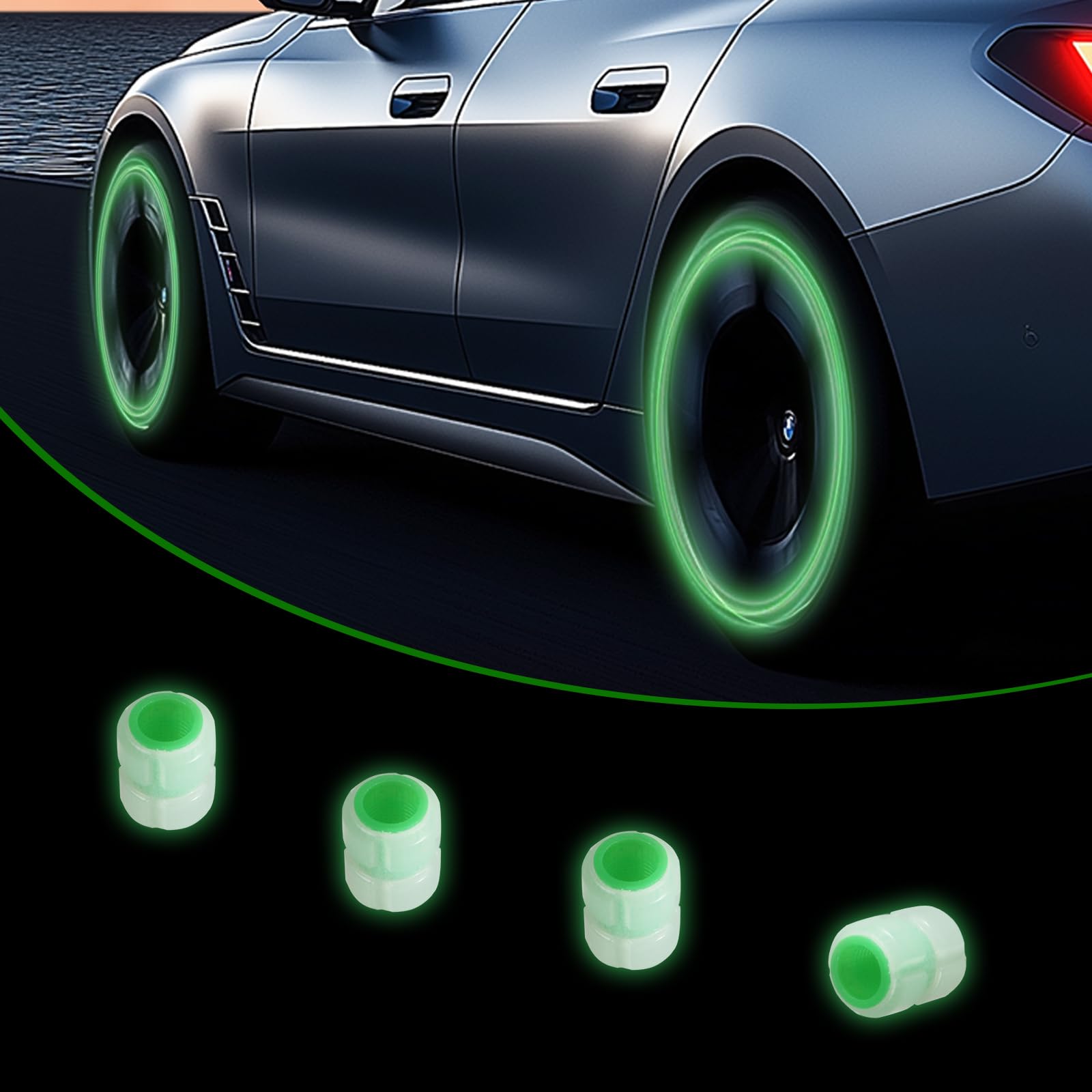 Glow Tire Valve Stem Caps, 4 Pack, Universal Glowing Car Valve Stem Caps for Cars, SUVs, Trucks, Motorcycles, Bicycles (Green)