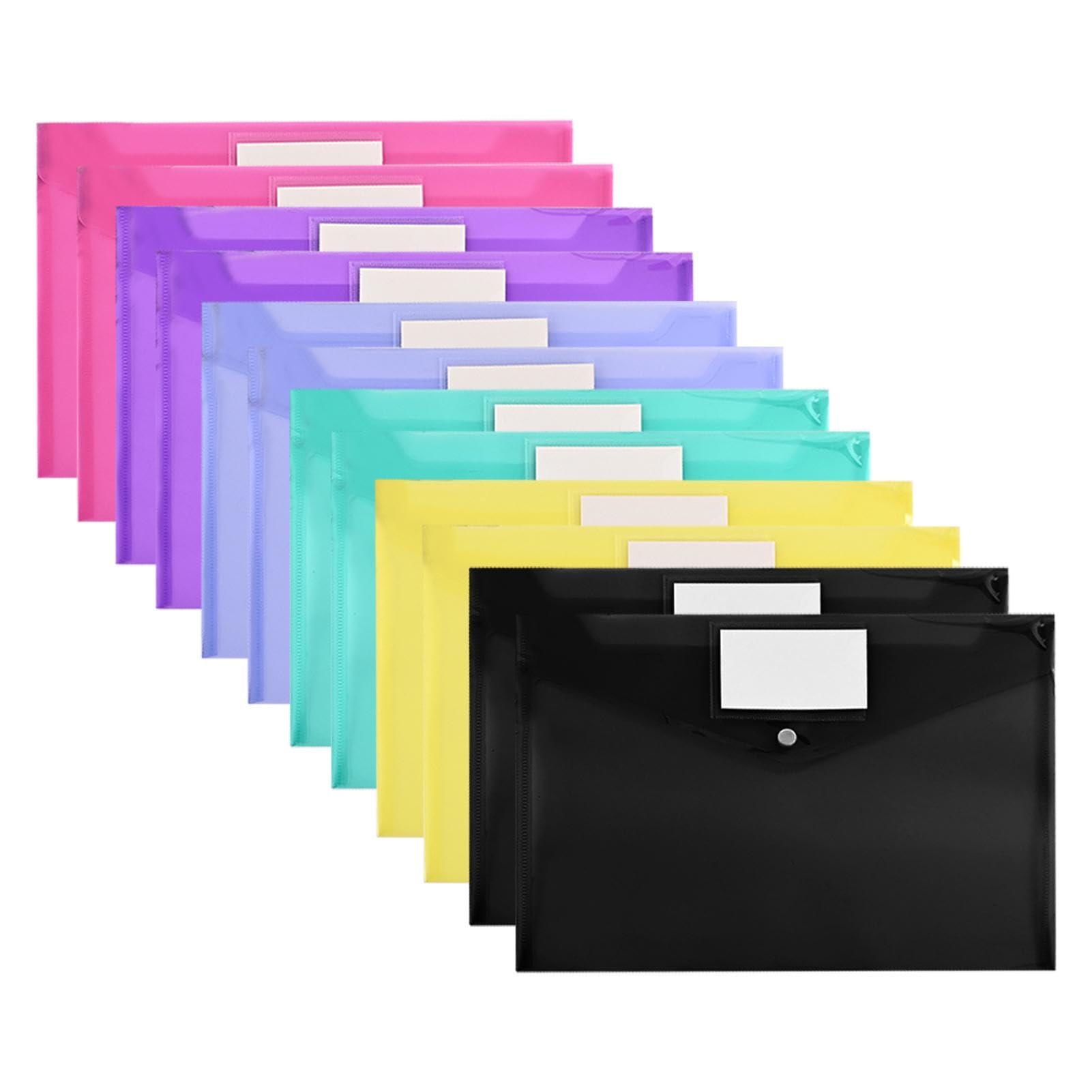 12 Pack Plastic Wallets A4, Waterproof A4 Folders Files with Label Pocket Popper Wallets, Document Folder Files for Home, Office, School and Travel