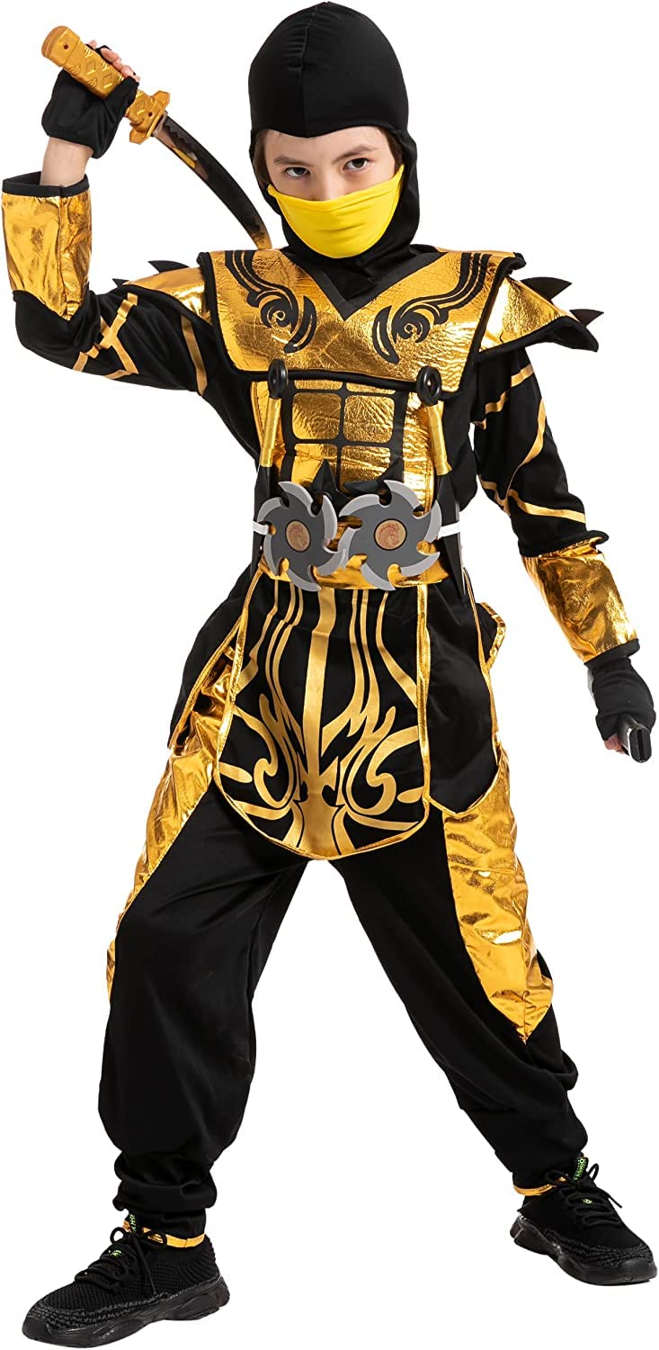 Spooktacular Creations Costume da ninja d'oro per feste a tema ninja per bambini Costume di Halloween da ninja gioco di ruolo Festa di Natale