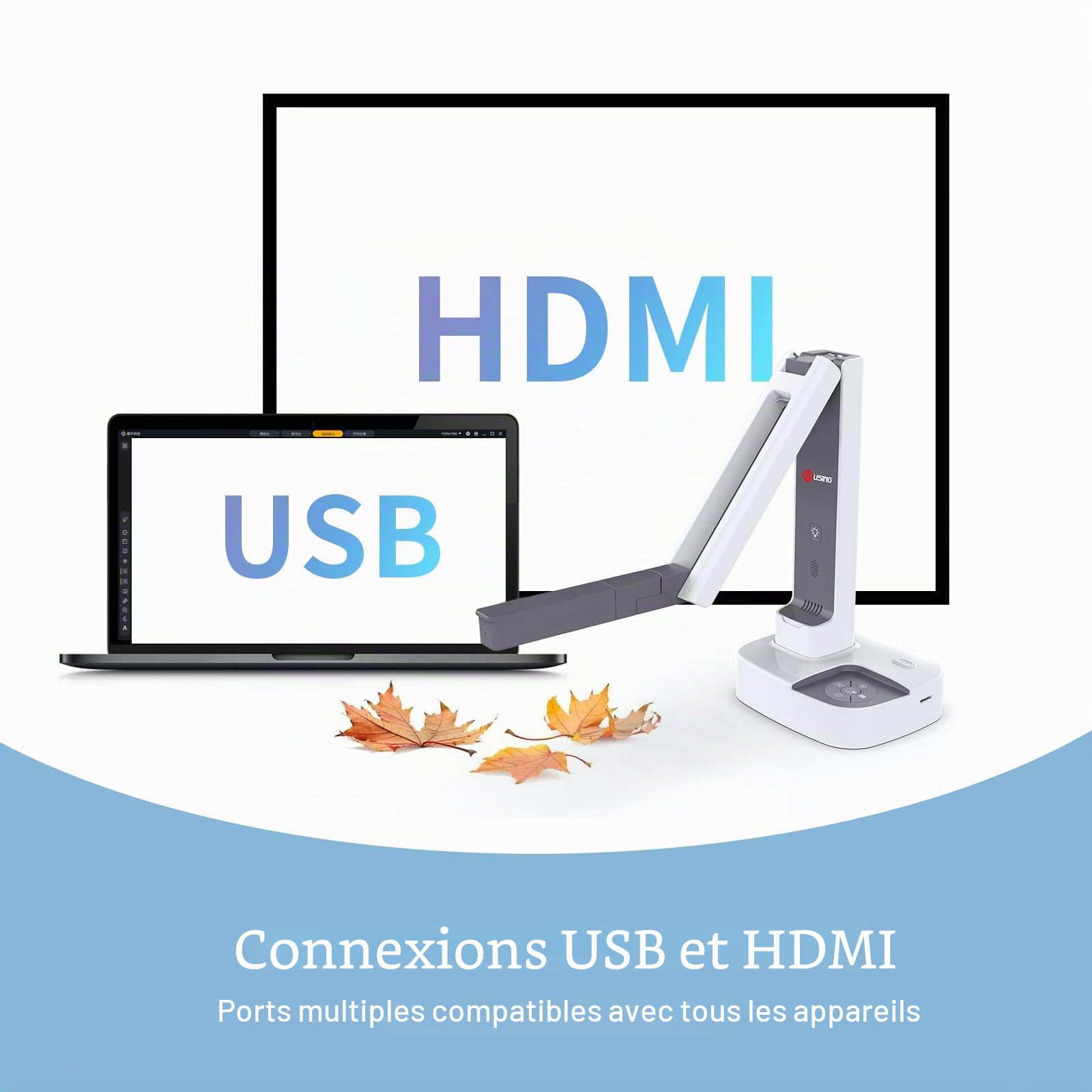 JOYUSING V50 HDMI/USB Dual Mode 13MP Document Camera/Visualiseur avec lumière pour projection en temps réel, apprentissage à distance, conférence Web, enregistrement vidéo, démonstrations en direct
