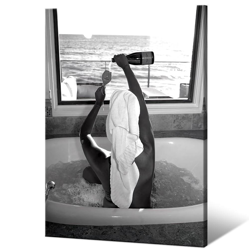 Trendy Black and White Posters Funny Woman Drinking Wine in Bathtub Wall Art Funky Girl Room Decor Fashion Vintage Bar Cart Canvas Prints for Girls Dorm Bathroom Apartment Aesthetic 12x16in Framed