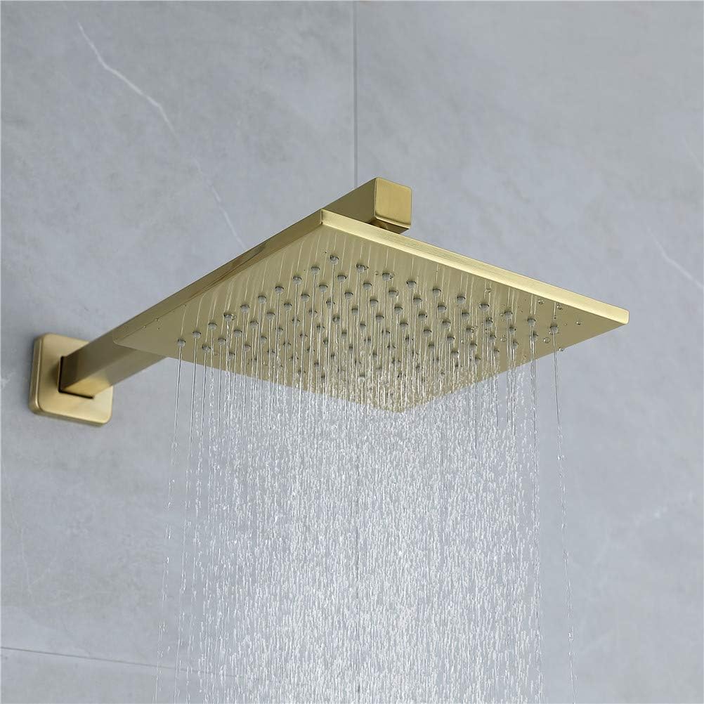LUNEZY Bathroom Brushed Gold Brass Shower Kit Rianfall Shower Head Shower Faucet Wall Mounted Shower Arm Shower System Set with Shower Head and Shower Hose,8 inch
