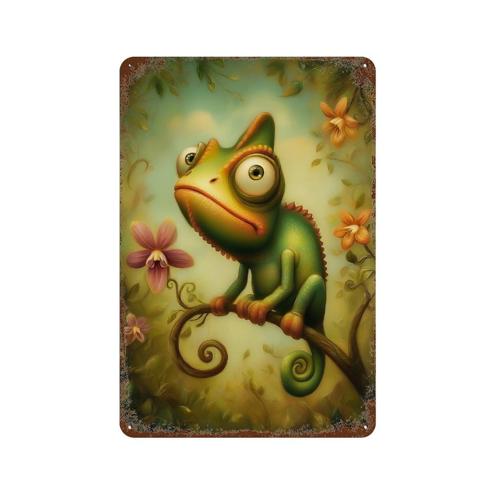 Cartoon Chameleon on Branch with Flowers Vintage Wall Sign 11.8"x7.9", Rust Effect Metal Decor for Bistro, Counter And Cafe Decor