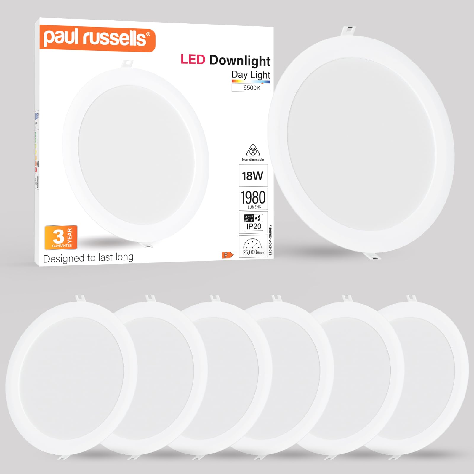 paul russells Ultra Slim LED Recessed Ceiling Spotlights - 18W Daylight White (6500K) IP20, Cutout 200-205mm, Round Downlight for Kitchen, Bathroom, Living Room and More Ceiling Mounted use, 6 Packs