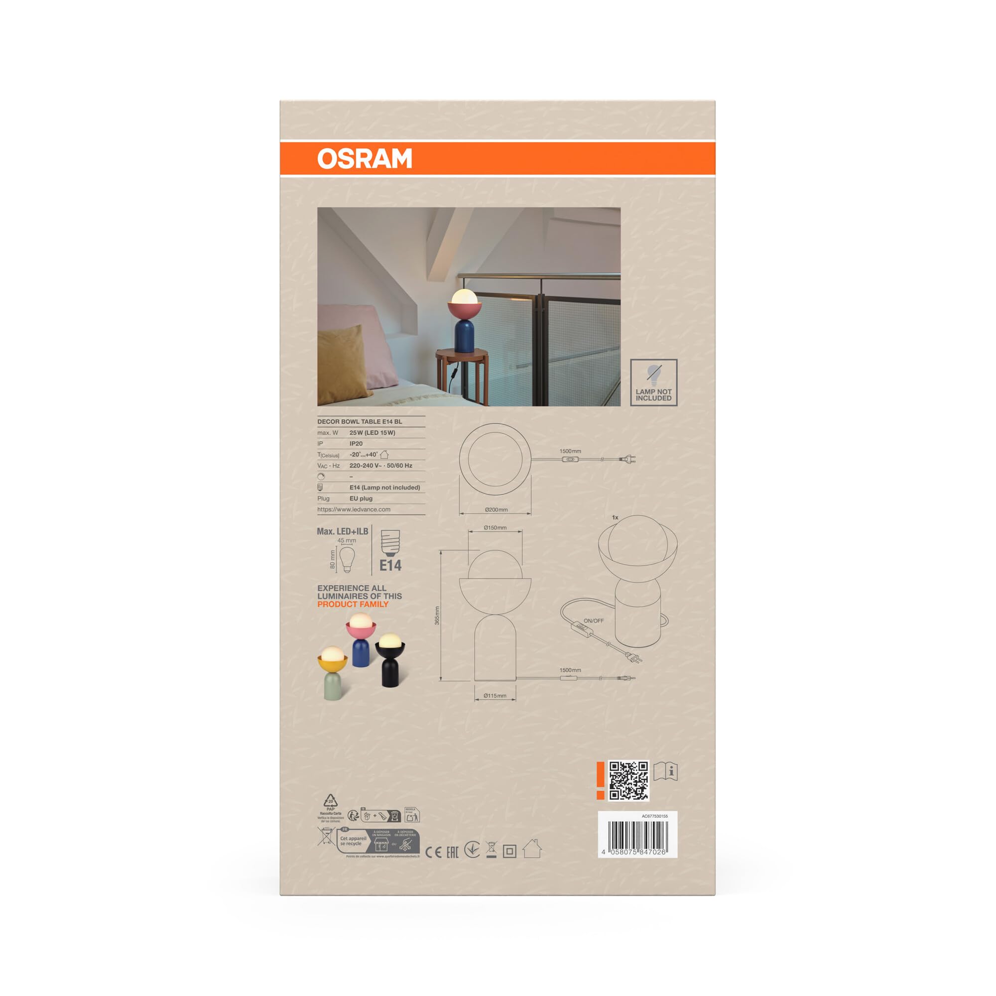 OSRAM DECOR Cuenco Lámpara de mesa E14 Azul/Rosa Vidrio 200mm | Decor Bowl, Indoor Wall Lighting, Azul|Rosa, 200 mm dia, Paquete de 1