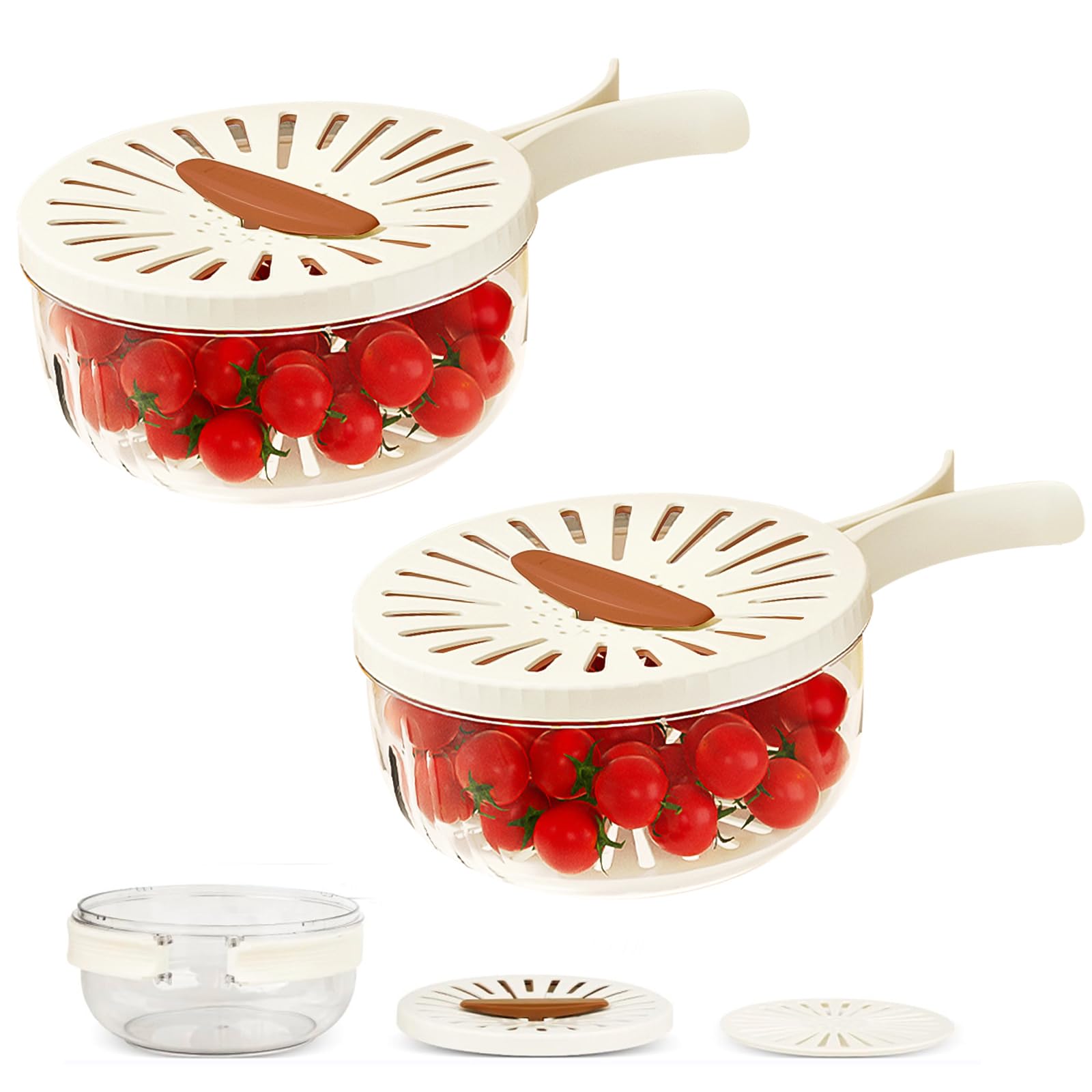 2Pcs Fruit Washing Bowl with Strainer,Strainer Container with Lid,2 in 1 Fruit Basket with Foldable Handle,Berry Fruit Fridge Container for Refrigerator,Versatile Kitchen Tool for Washing,Storage