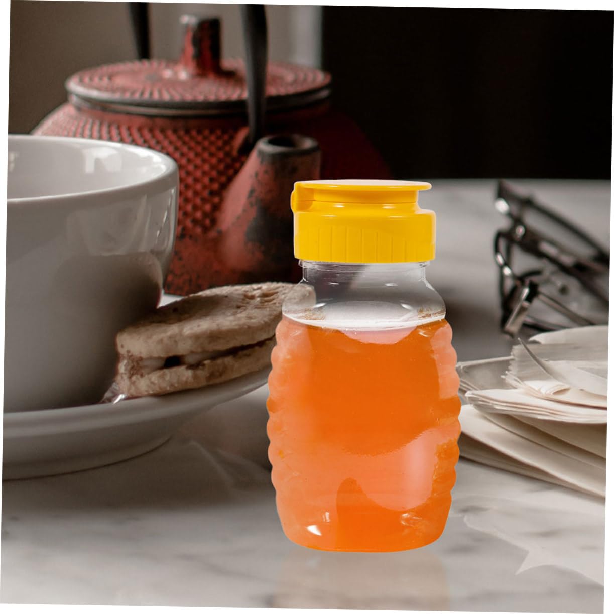 NULYLU 4pcs Honey Jars Transparent Plastic Squeeze Bottles for Syrup Sauces Dressings Refillable Portable Storage for Bbq Pasta Salad Control
