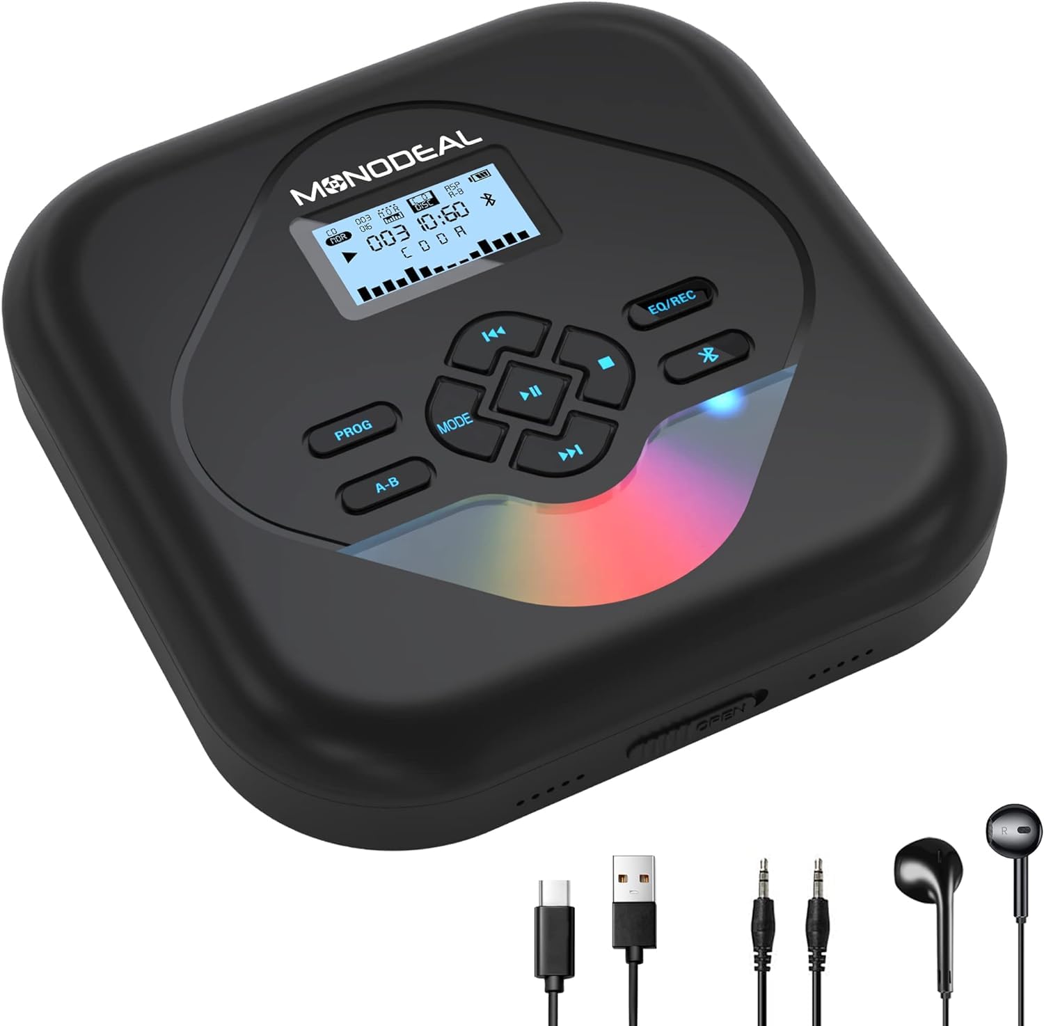 MONODEAL CDプレーヤー ポータブル Bluetooth スピーカー内蔵 超軽量 ASP防振搭載 音飛び防止 5EQエフェクト A-Bリピート プログラム再生 MONODEAL CDプレーヤー ポータブル Bluetooth スピーカー内蔵 超軽量