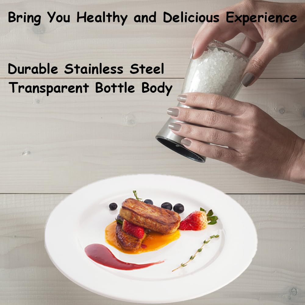 Juego de 2 molinillos de sal y pimienta de acero inoxidable y cristal con muela de cerámica ajustable – Ajustable manualmente para especias recién molidas, accesorios de cocina