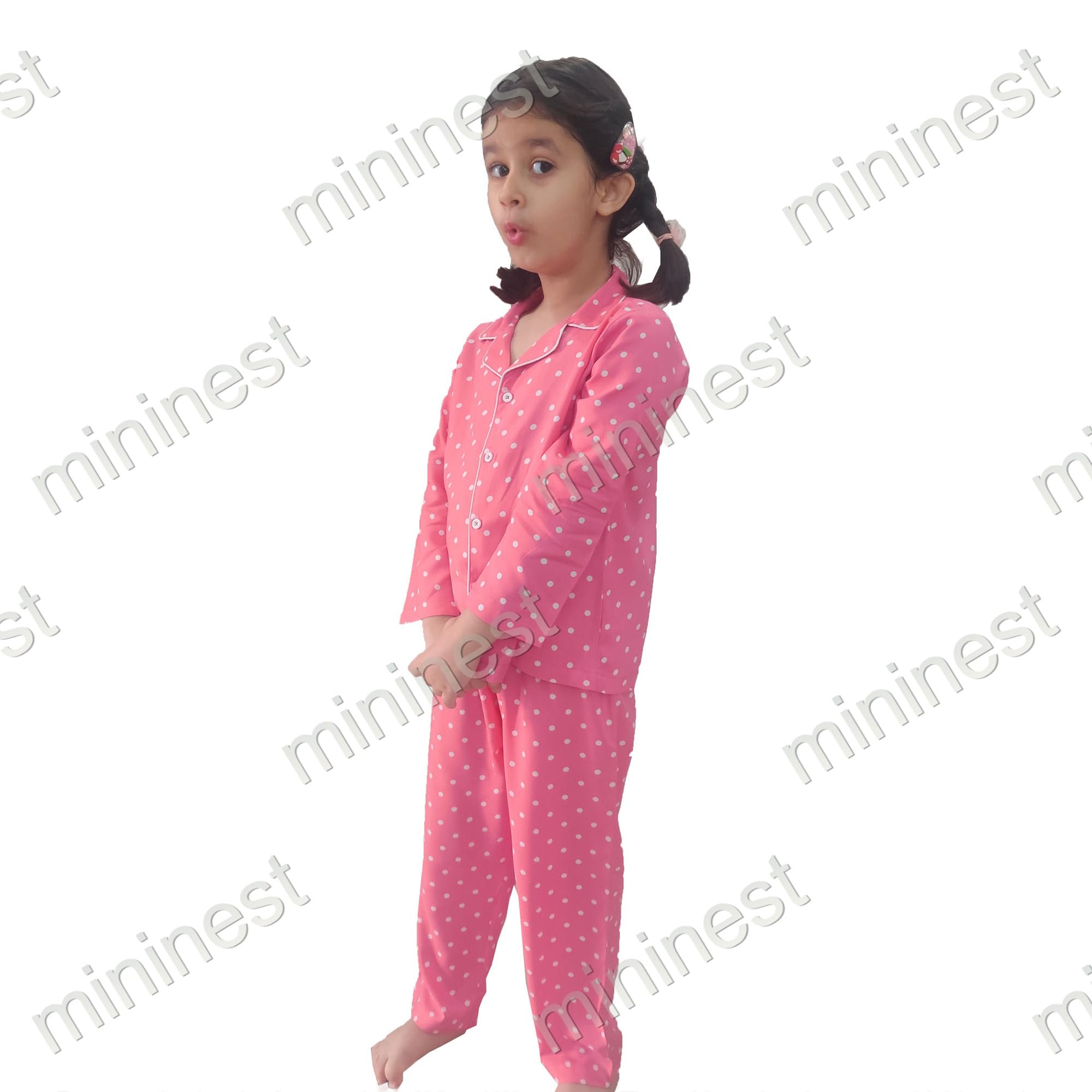 mininest Full Sleeves Polka Printed Unisex Night Suit | Night Wear | Sleep Suit - Pink (11-12 Years) 1