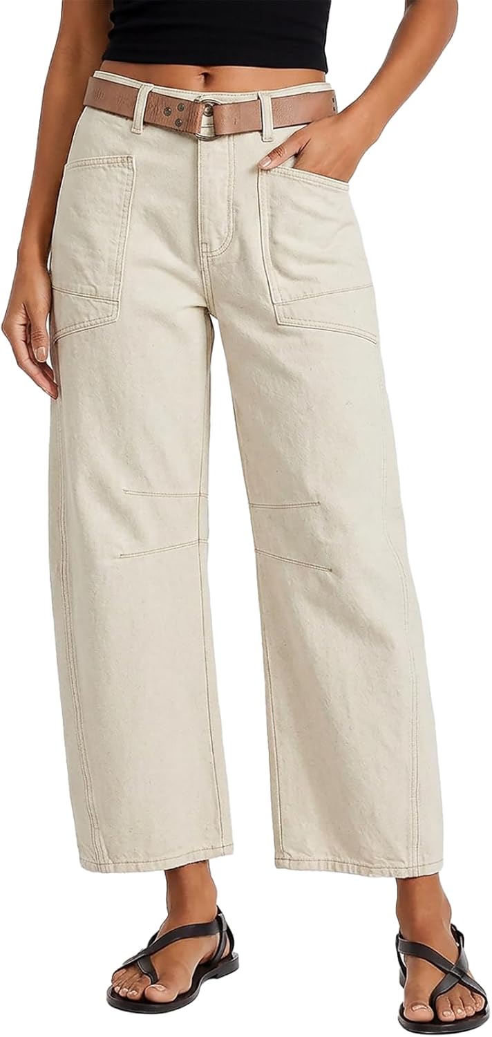 Flamingals Straight Wide Leg Jeans for Women Mid Waisted Casual Raw Hem Denim Capris Pants with Pockets