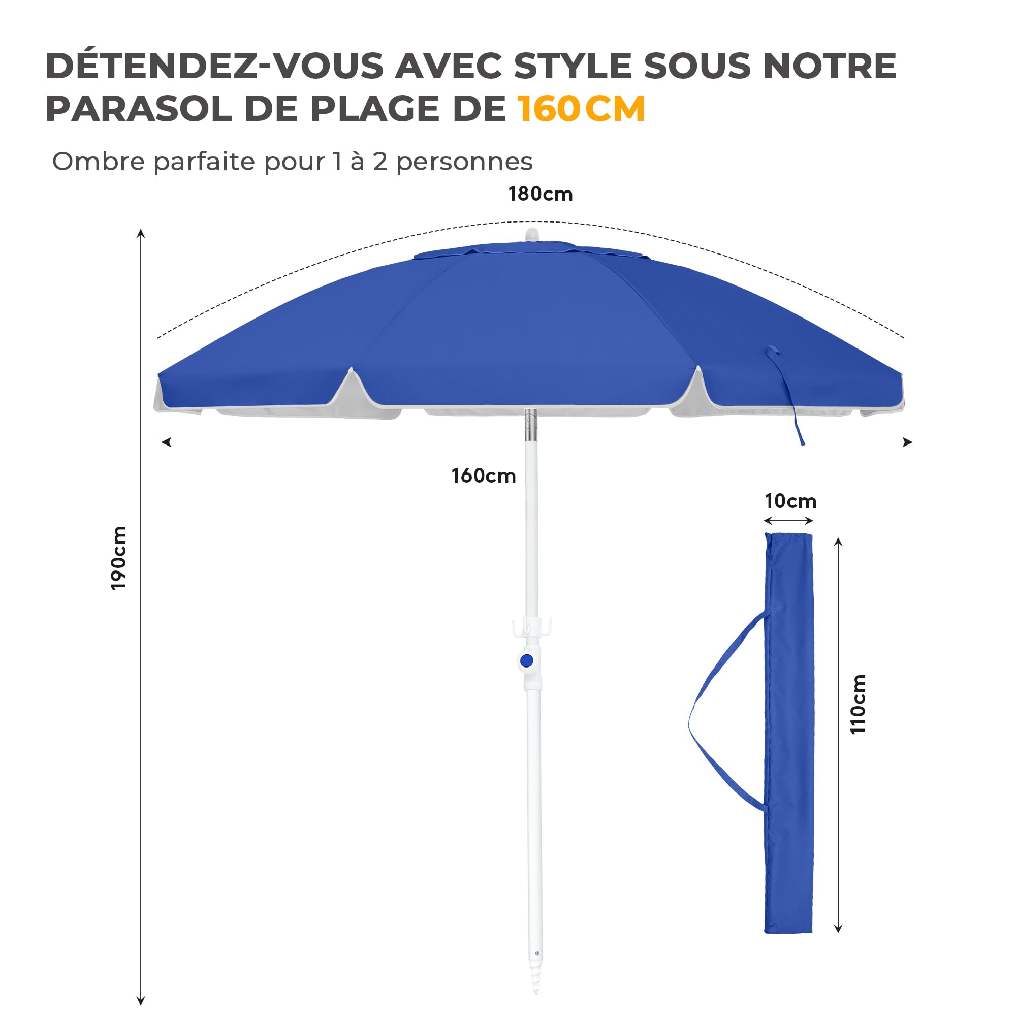 Palawano 1.6M Parasol Plage Inclinable Anti UV et Vent, Parasol de Jardin Exterieur UPF 50+, Ombre Solaire Extérieure Portable pour Jardin, Plage, Piscine, Patio (Bleu Clair)