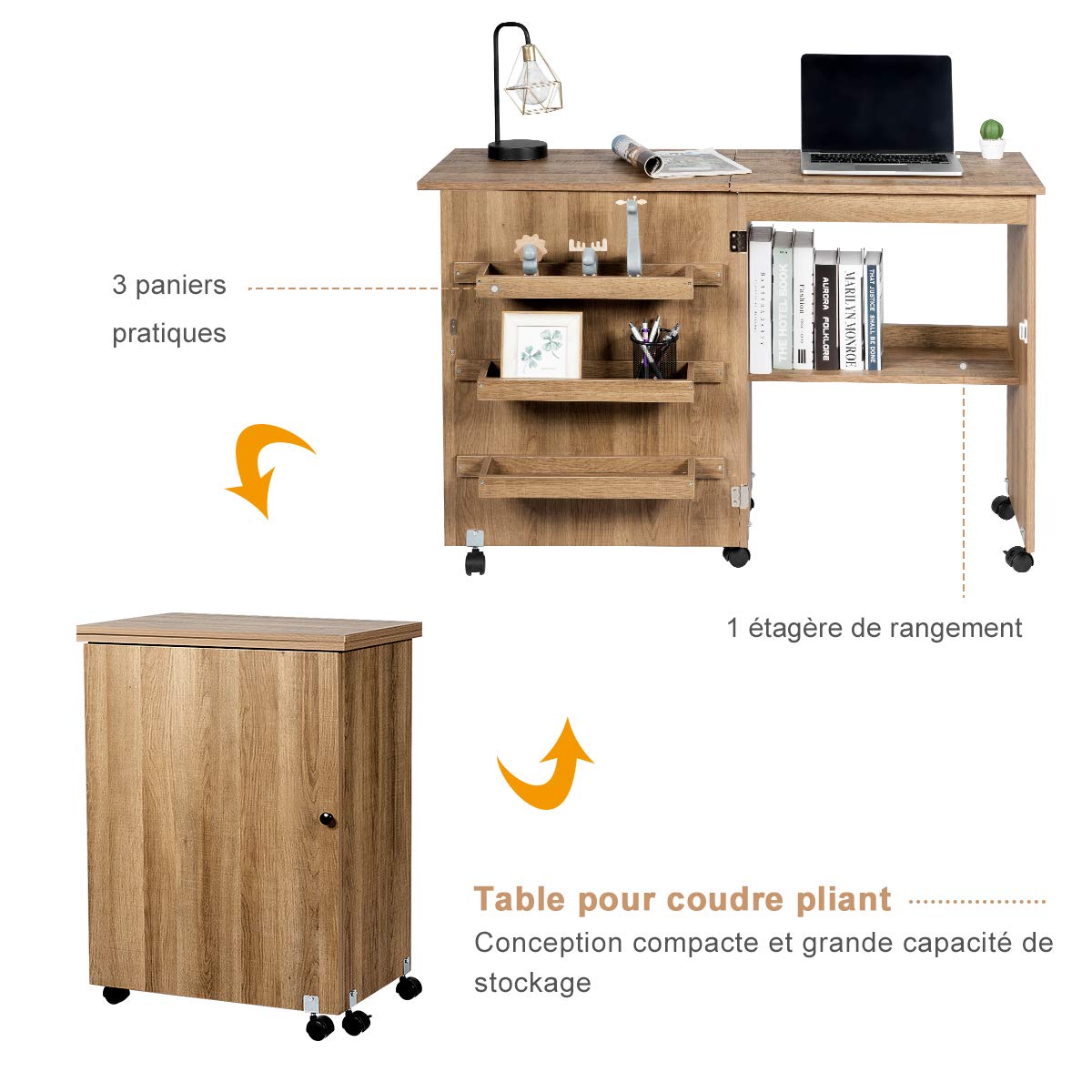 COSTWAY Table pour Machine à Coudre Pliante, Table de Couture avec 3 Etagères pour Bobines et roulettes verrouillables en Bois