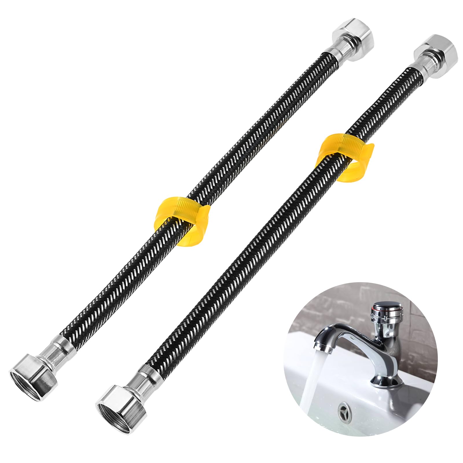 Dreld Black 2-Pack Stainless Steel Braided Flexible Hoses, G1/2" To G1/2" Reinforced Tap Connectors Hose For Shower, Toilet Bowl, Sink & Mixer Taps - 30Cm Pipe Fittings