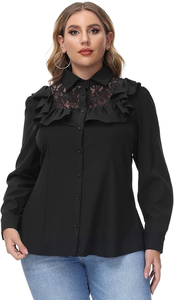 Edwardian Ladies Clothing – 1900, 1910s, Titanic Era Hanna Nikole Womens Vintage Ruffle Blouse Button Down Shirt Plus Size Lace Patchwork Tops  AT vintagedancer.com