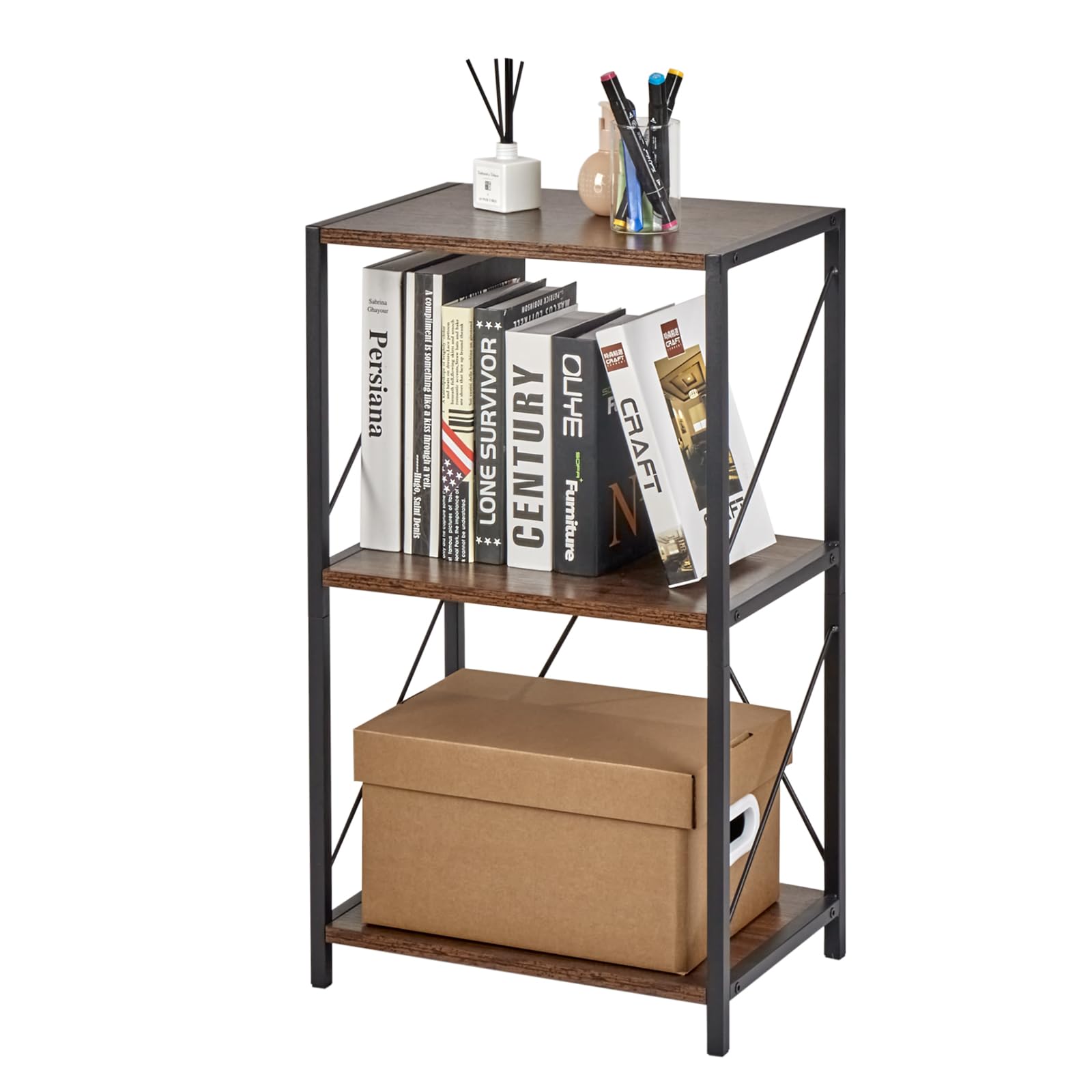 fusehome 3 Tier Industrial Bookshelf, Sofa Side Table for Living Room, Wood and Metal Display Rack Storage Shelves Bookcase, Open Book Shelf