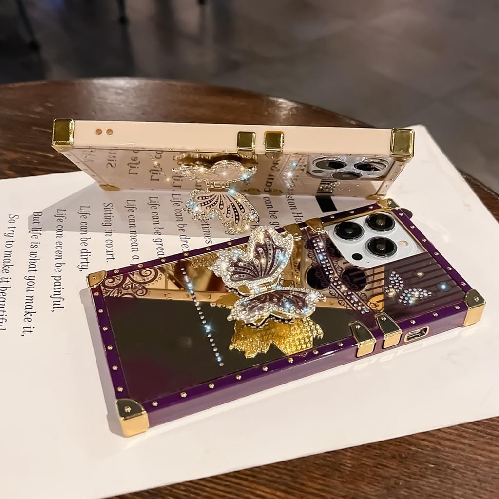 Cute Compatible with iPhone 16 Pro Max Case with Luxury Bling Glitter Butterfly Foldable Stand Kickstand,Girly Soft PC Mirror Bumper Protective Cover for Women & Girls(Light Gold) - Image 3