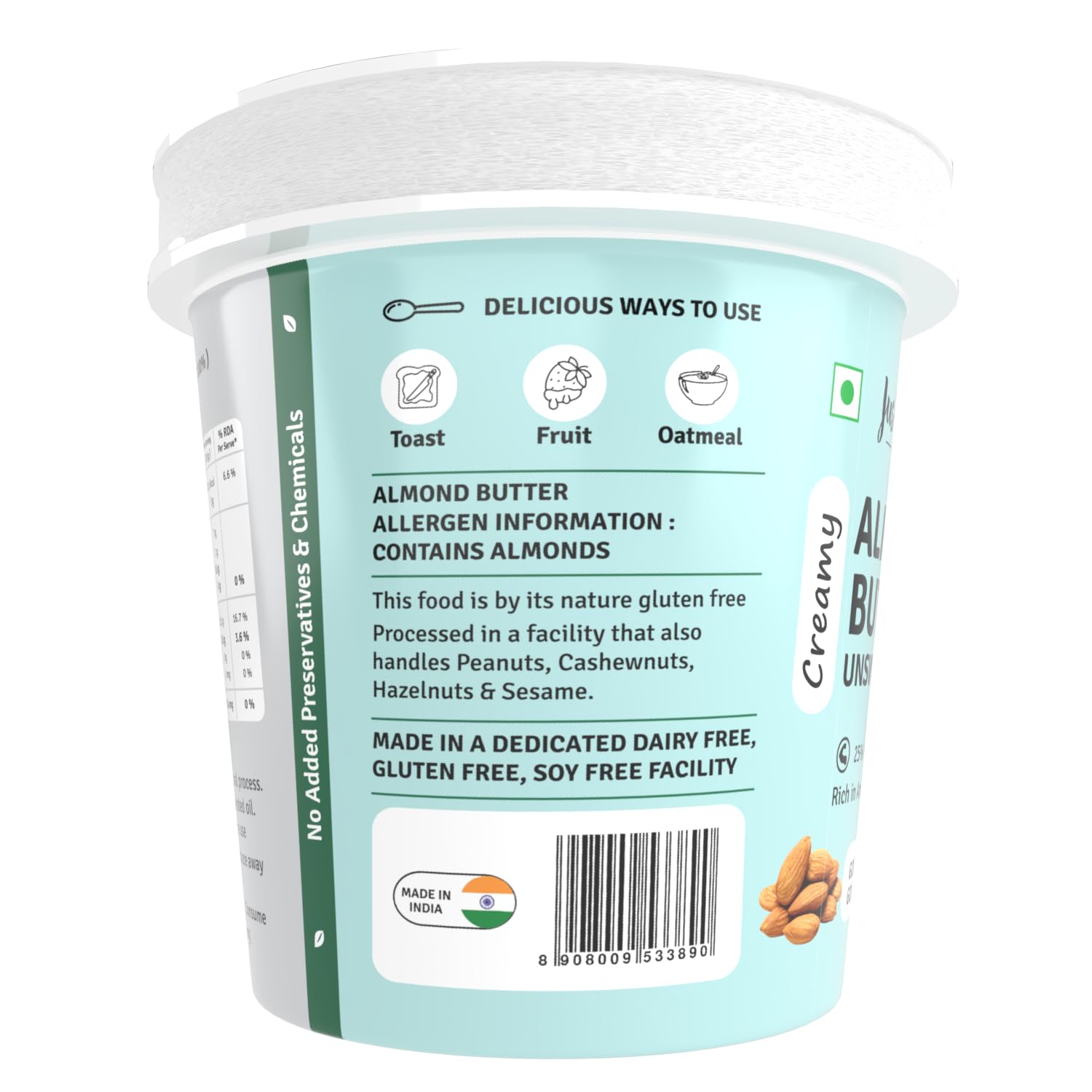 Jus' Amazin Creamy Almond Butter - Unsweetened (1 Kg Tub) | 25% Protein | Only Whole Almonds (100% Pure) | Zero Additives | Keto | Plant Based Nutrition | Clean Nutrition - Image 8 thumbnail