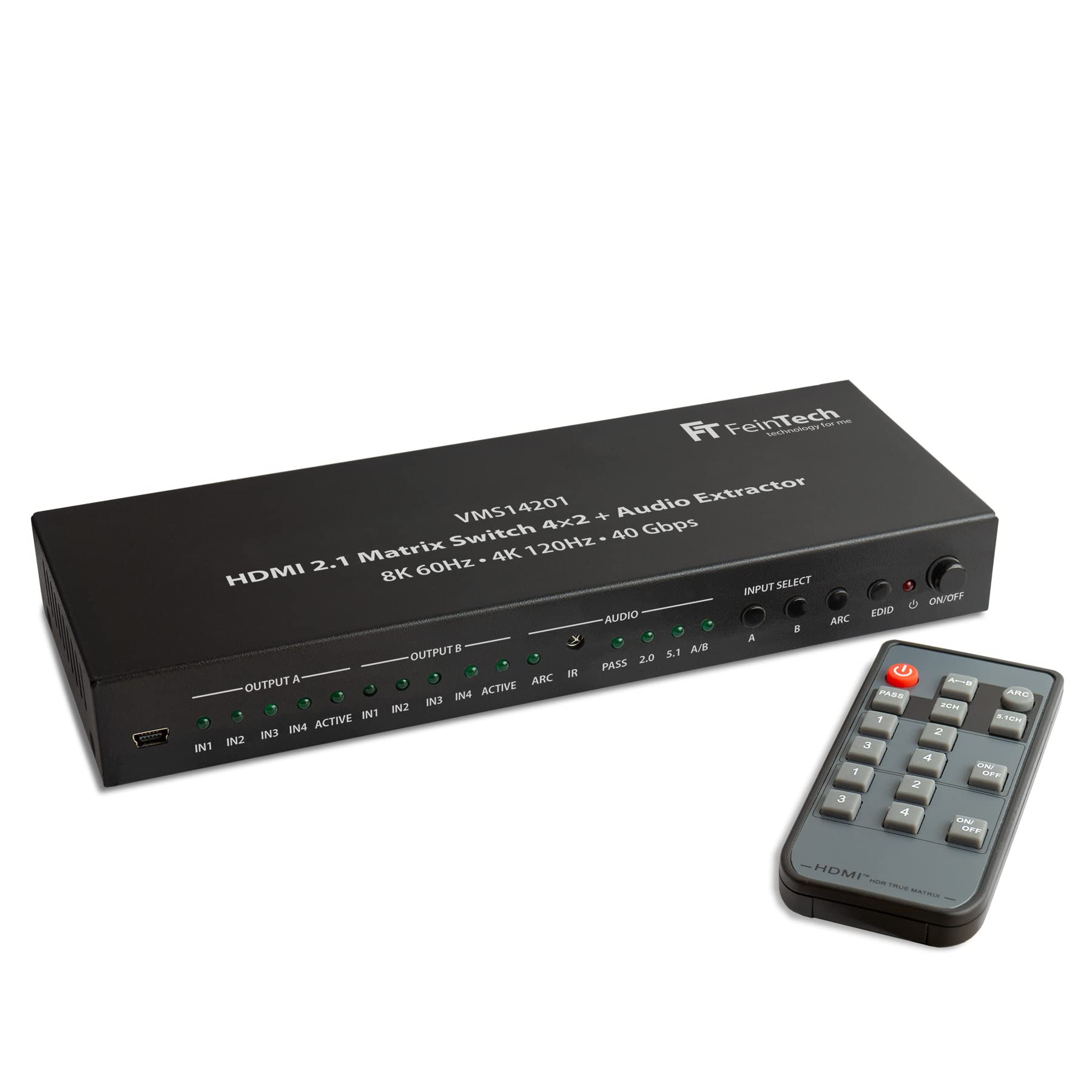 FeinTech VMS14201 HDMI 2.1 Matrix Switch 4x2 Commutatore 4K 120Hz 8K Ultra HD 4 in 2 Out Audio Extractror ARC Toslink SPDIF Downscaler per Xbox PS5 TV Monitor HDR VRR 40Gbps