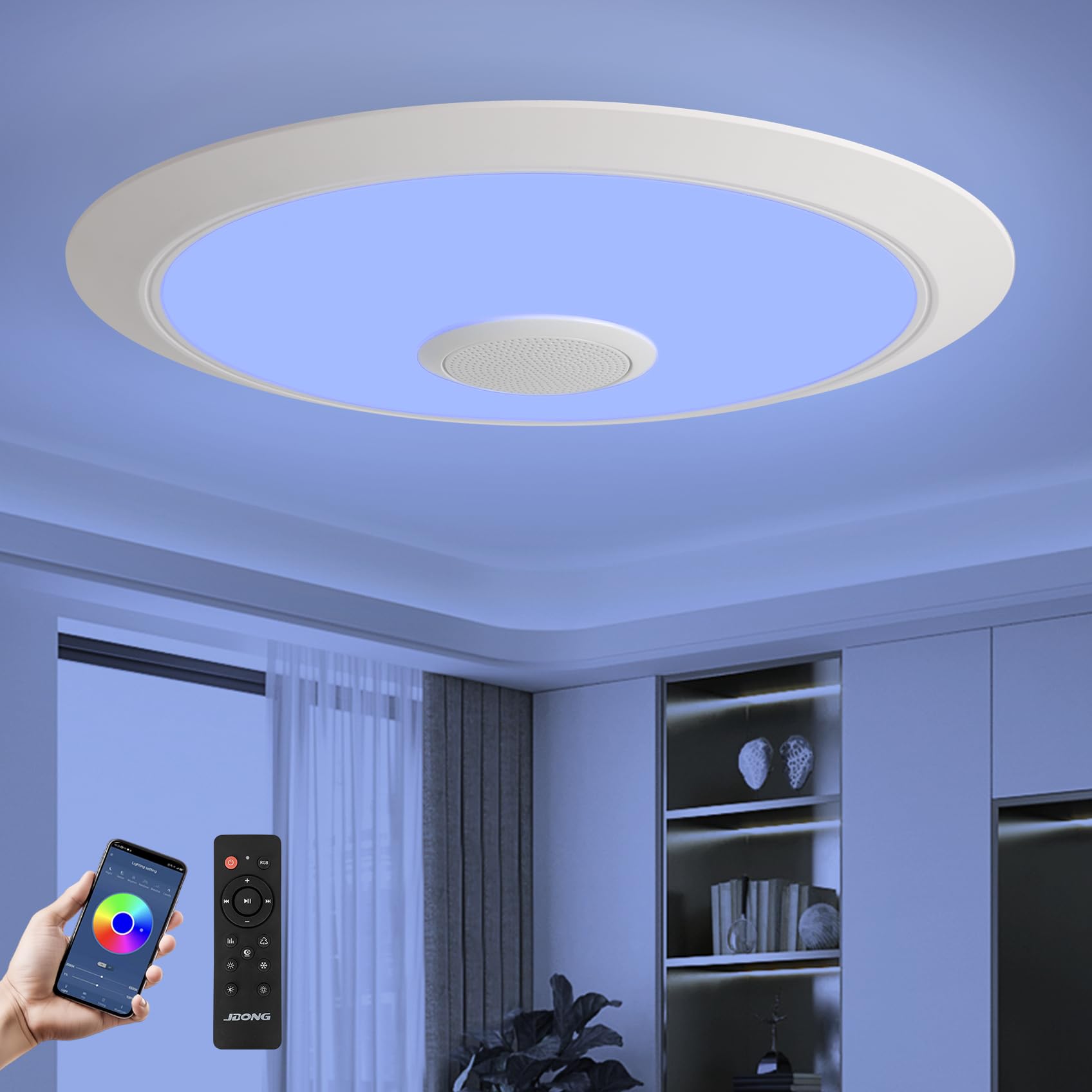 JDONG LED Deckenleuchte Dimmbar 72W mit Bluetooth Lautsprecher Rund Badezimmer led Deckenlampe mit Fernbedienung und APP RGB Farbwechsel Einstellbar für Schlafzimmer Wohnzimmer Ø60cm