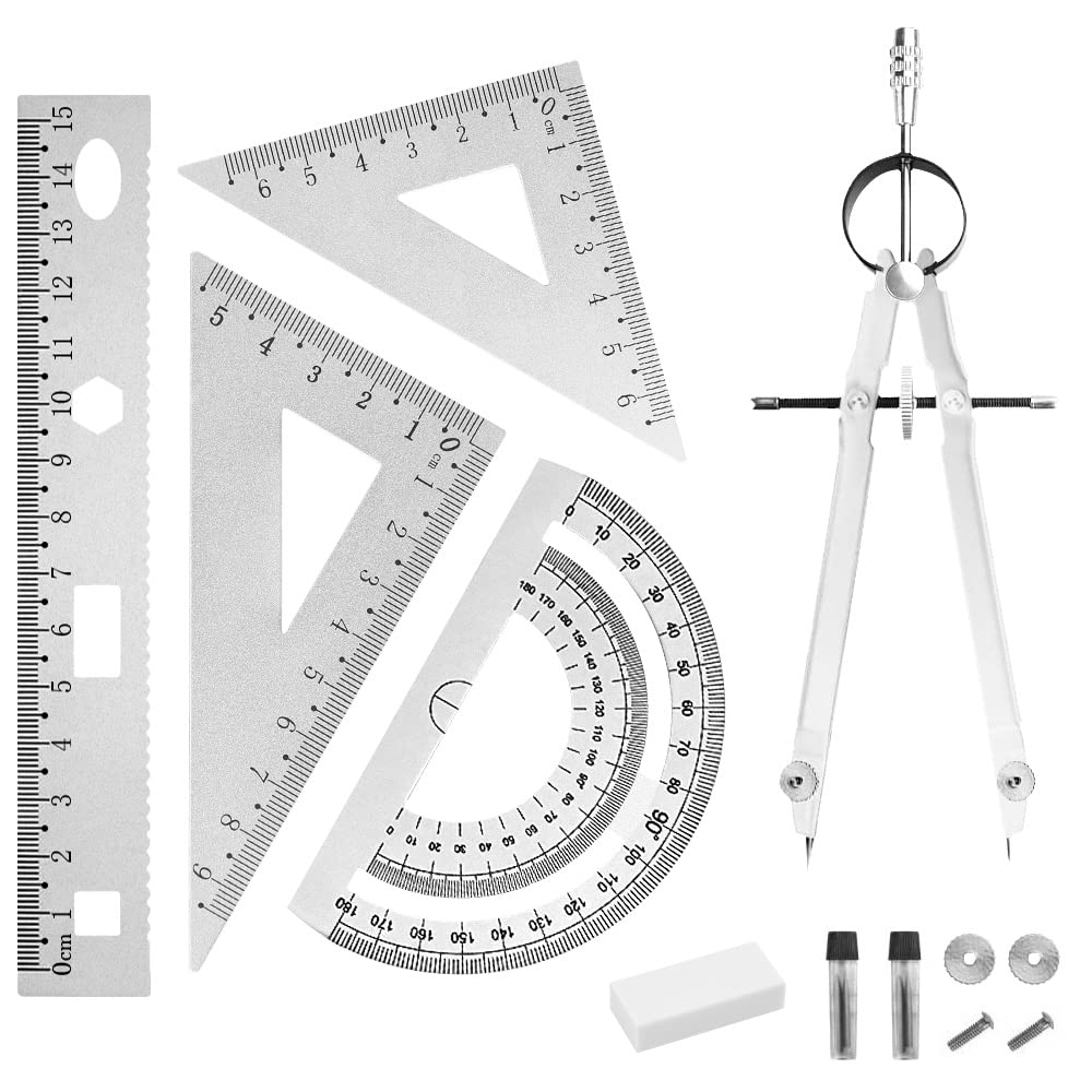 6 Pcs Geometry Set Aluminum Alloy Ruler Set Geometry Compass Set Math Ruler Geometry Tool Set Including Ruler, Protractor, Compass and Eraser for School Student Teacher Architects Engineers