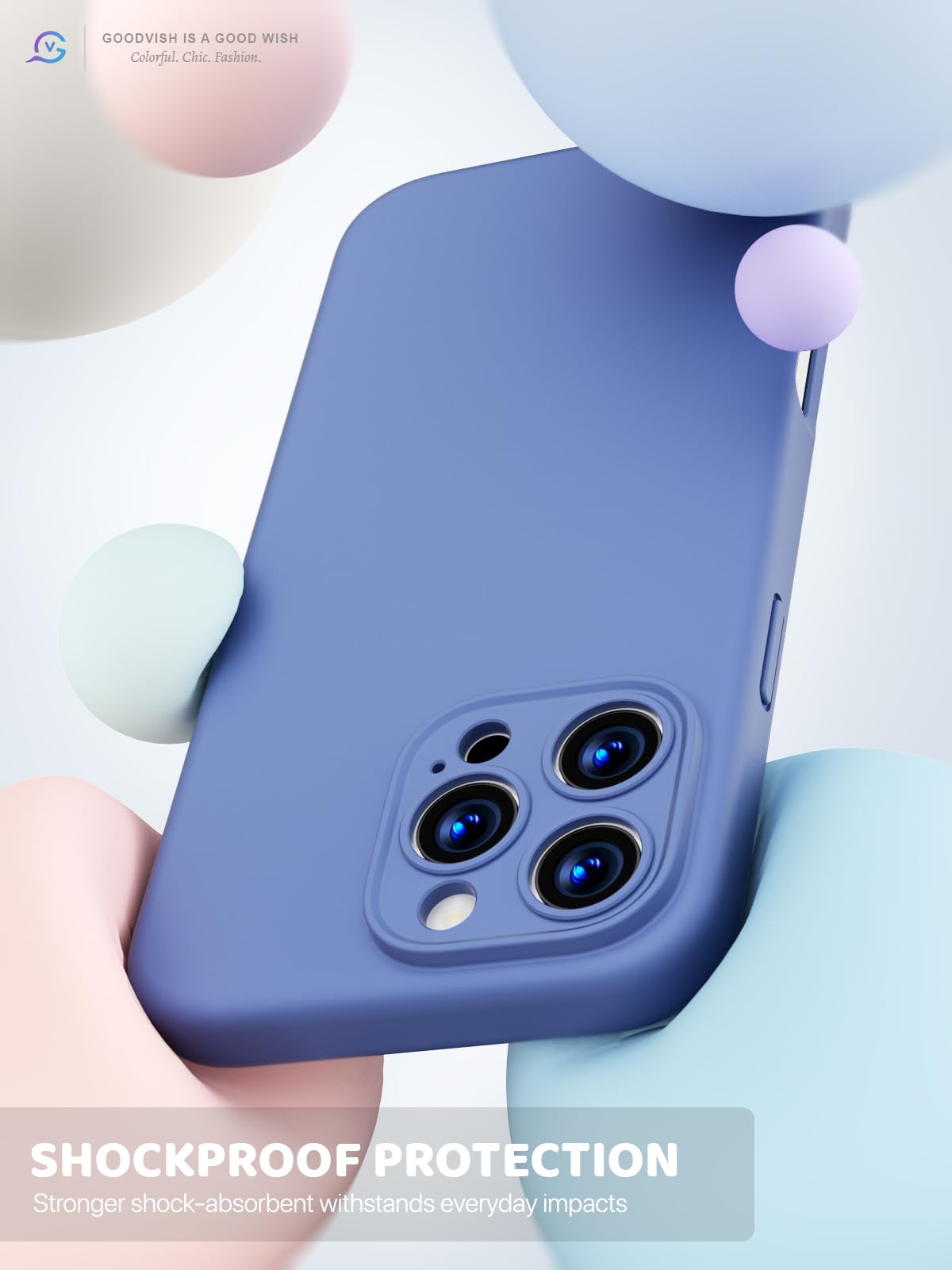 GOODVISH 3 in 1 Silicone Cover per iPhone 16 Pro Max 6.9", Custodia con 2 Pellicola Vetro Temperato [Protezione Fotocamera] 360° Protezione Anticaduta Case per Cellulare Antiurto Resistente, Blu