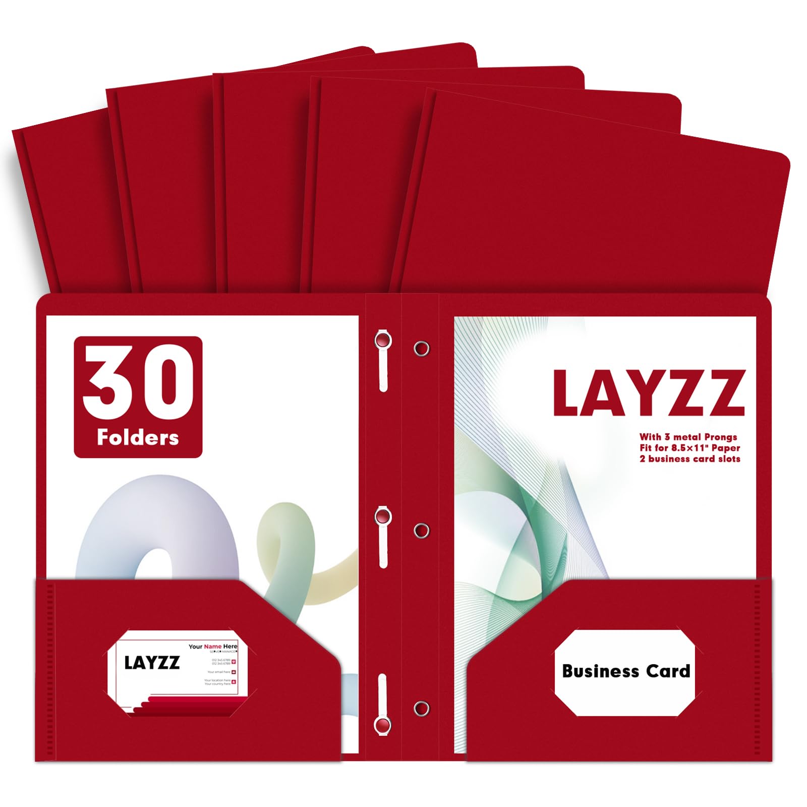 LAYZZ Plastic 2 Pocket Folders with Prongs, 30 Pack, Heavyweight, Letter Size Poly Folders with 3 Metal Prongs Fastener Clips (Red)
